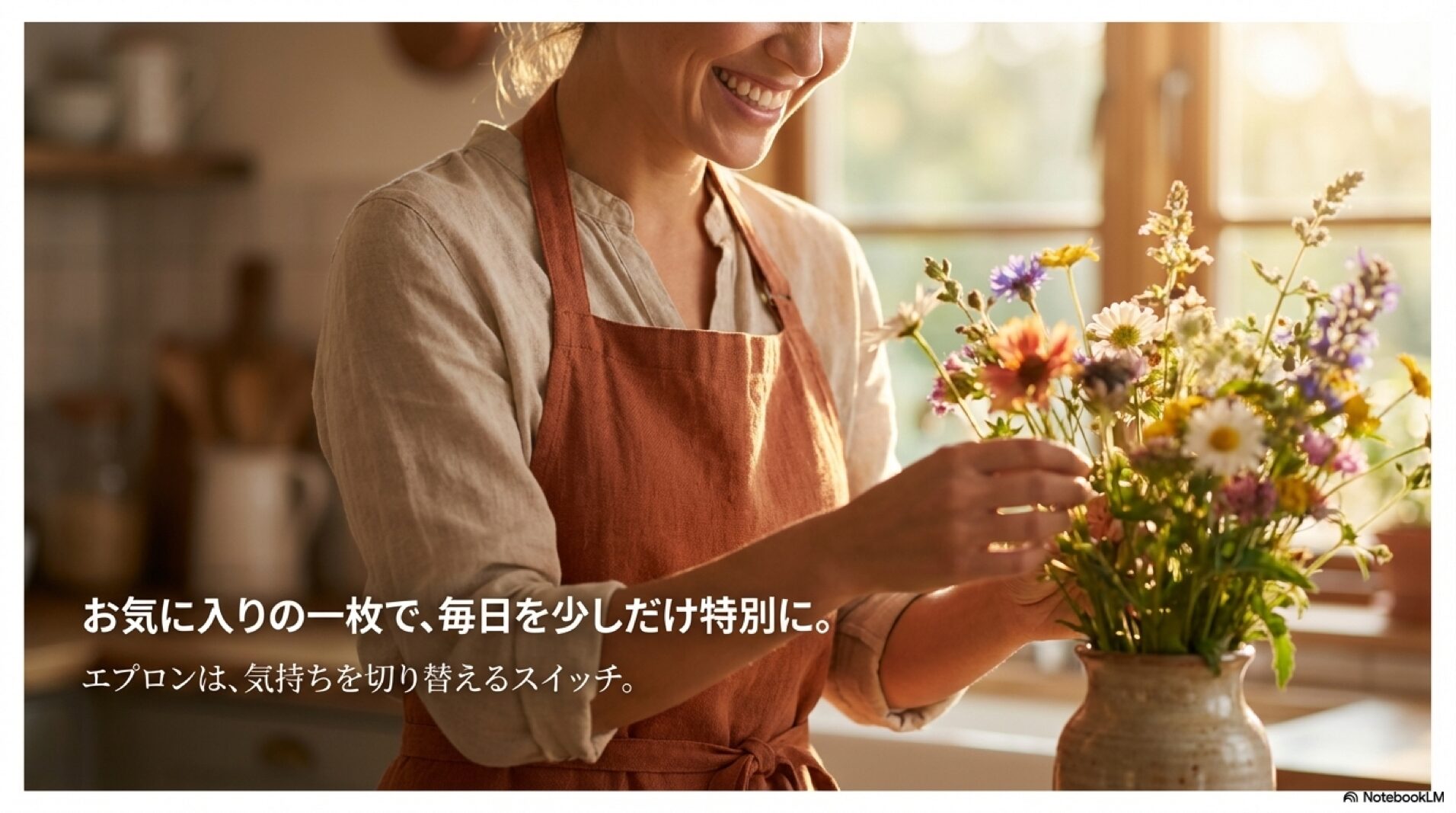 エプロンをつけて花を生ける女性のイメージ画像