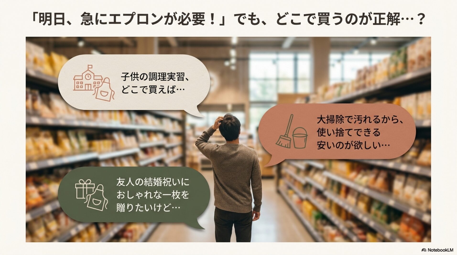 子供の調理実習や大掃除、ギフトなどエプロンが必要になる悩みの吹き出し
