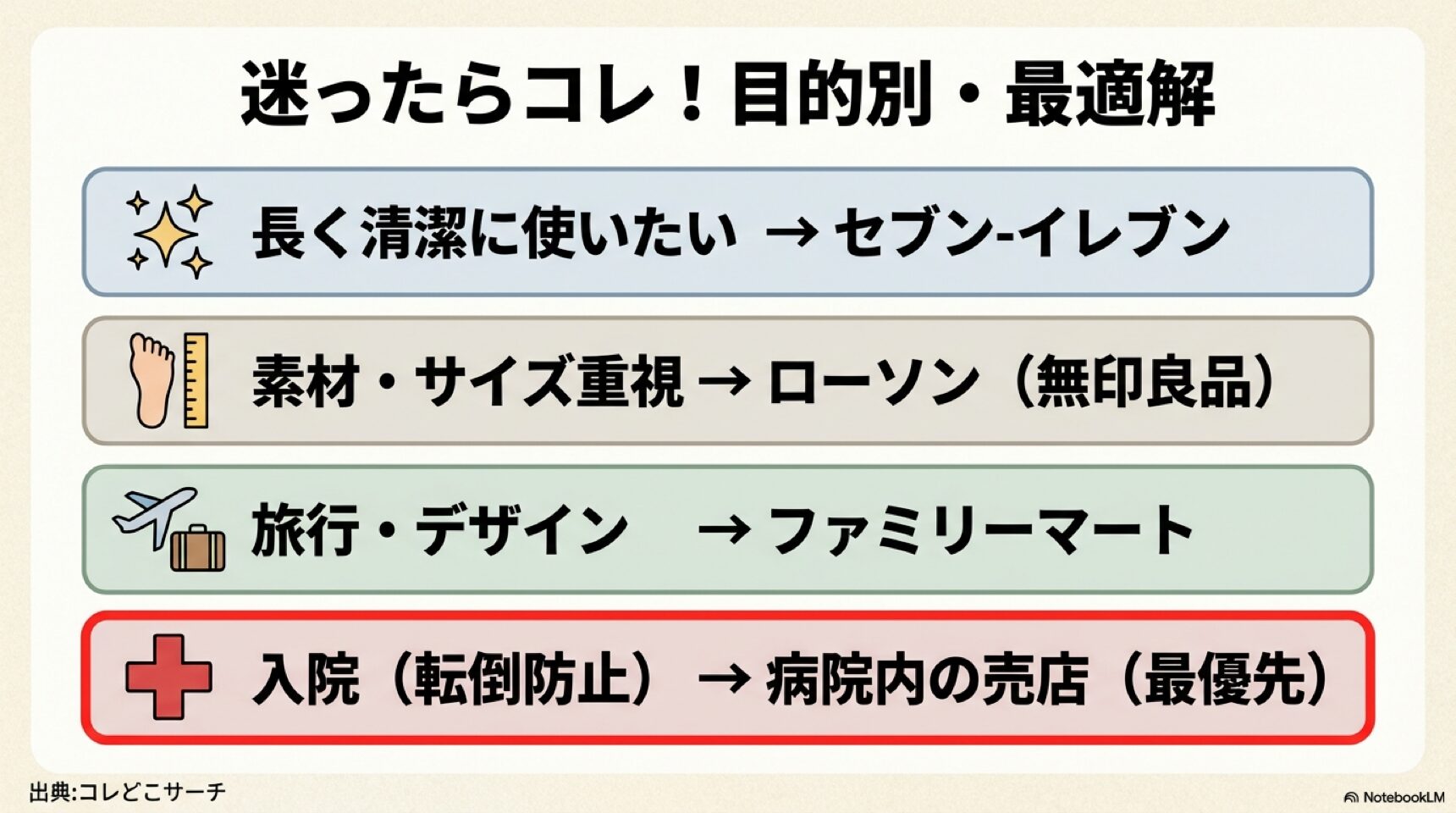 目的別のおすすめスリッパまとめ。長く使うならセブン、素材重視ならローソン、旅行ならファミマ、入院なら院内売店と推奨するチャート。