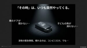 車のドアが開かない、子供が発熱したなど、ボタン電池切れによる深夜の緊急トラブルのイメージイラスト。
