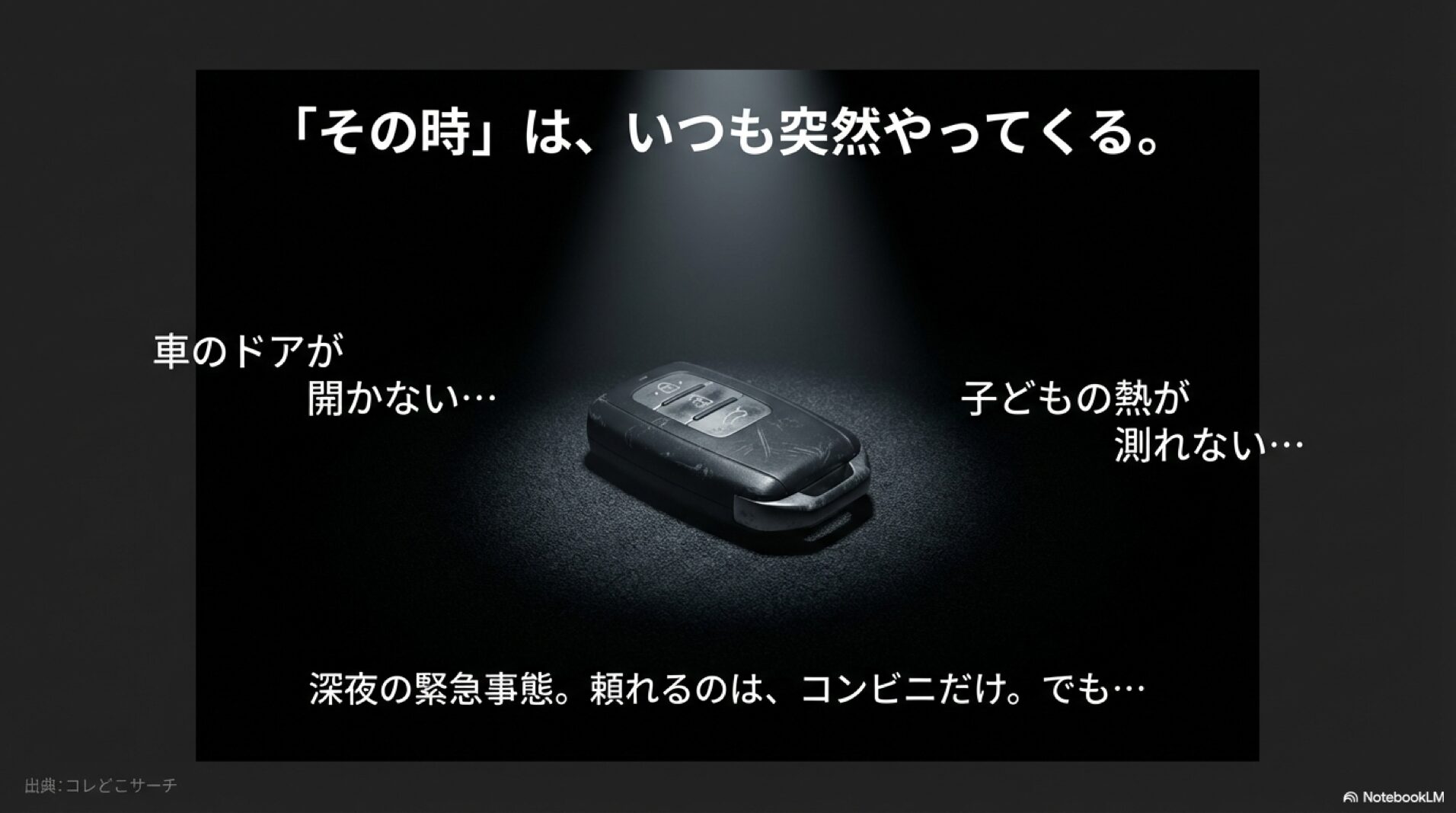 車のドアが開かない、子供が発熱したなど、ボタン電池切れによる深夜の緊急トラブルのイメージイラスト。