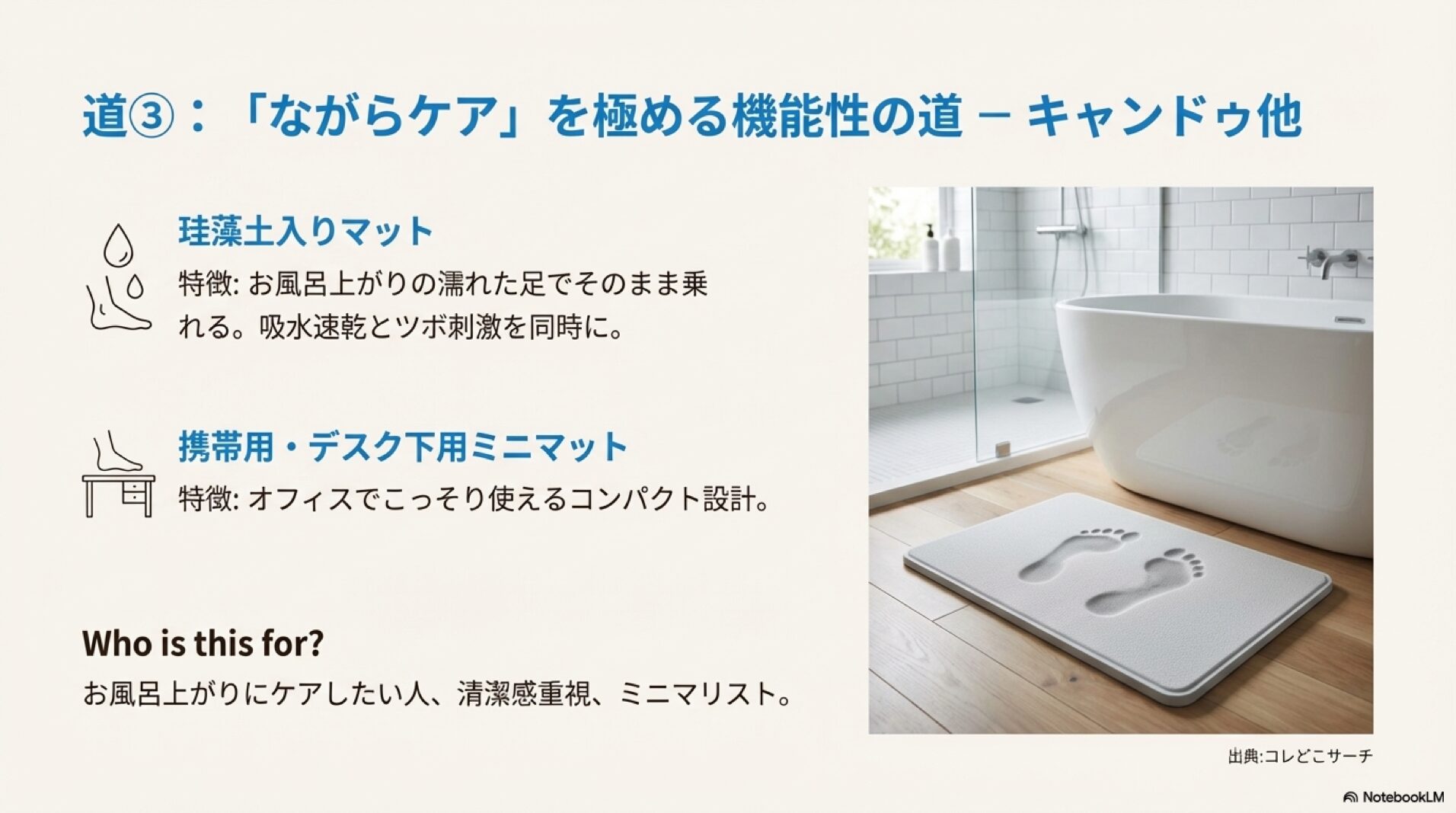 キャンドゥの珪藻土入り足つぼマットとお風呂上がりでの使用イメージ