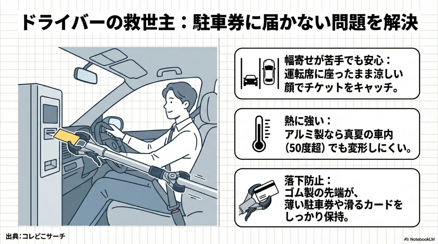車の駐車券を取る活用法 運転席からマジックハンドを使って駐車券を取るイラスト