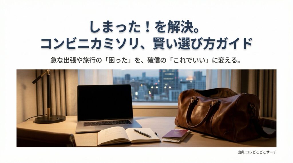 急な出張や旅行でのカミソリ選びを解決する「コンビニカミソリ賢い選び方ガイド」のタイトルスライド