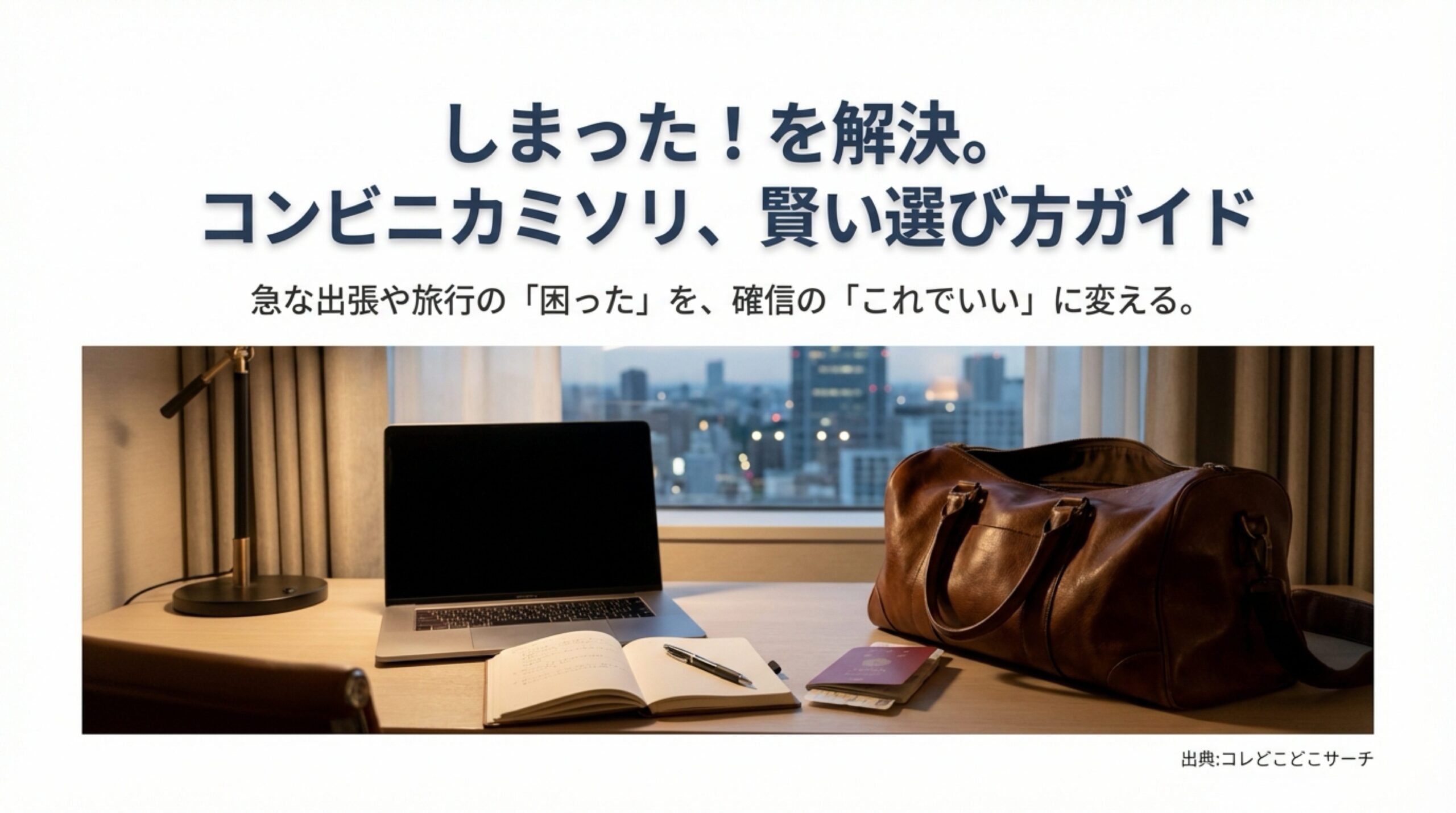 急な出張や旅行でのカミソリ選びを解決する「コンビニカミソリ賢い選び方ガイド」のタイトルスライド