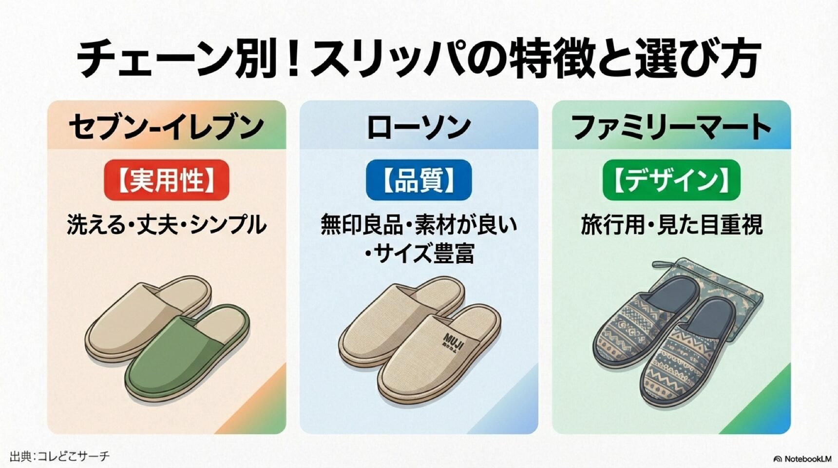 セブンイレブンは実用性、ローソンは品質（無印良品）、ファミリーマートはデザイン性を重視していることを比較した図。