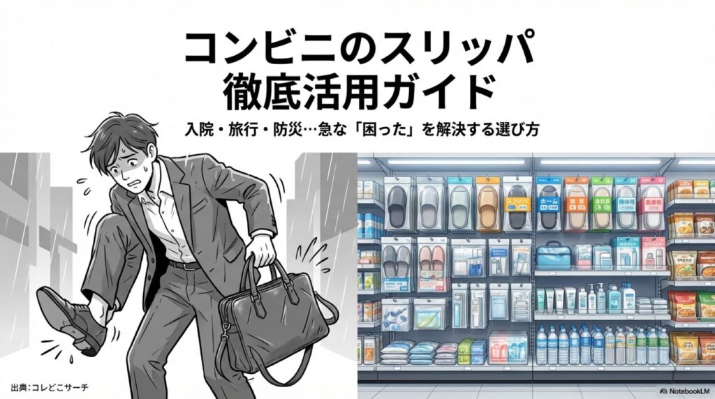 コンビニのスリッパ徹底活用ガイド。入院・旅行・防災など急な困ったを解決する選び方を解説したスライドの表紙。