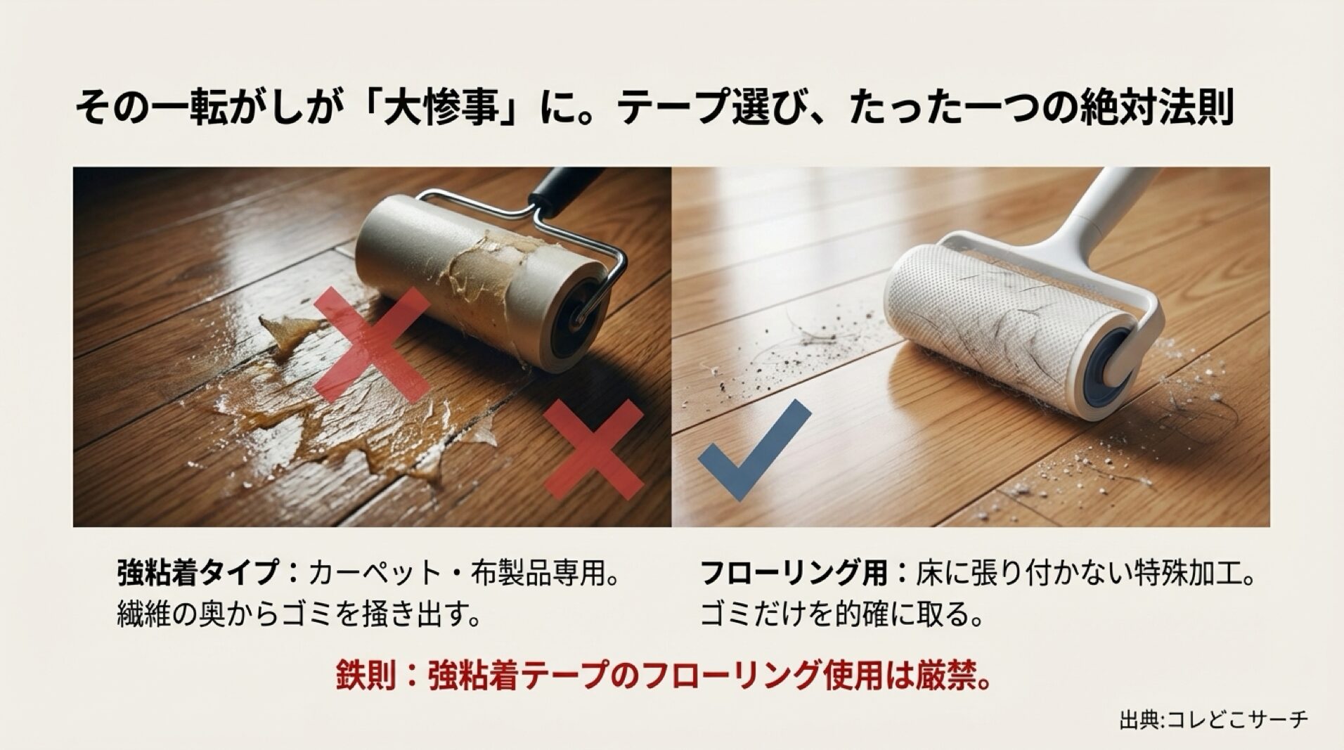 強粘着テープの床使用による失敗例とフローリング用テープの比較