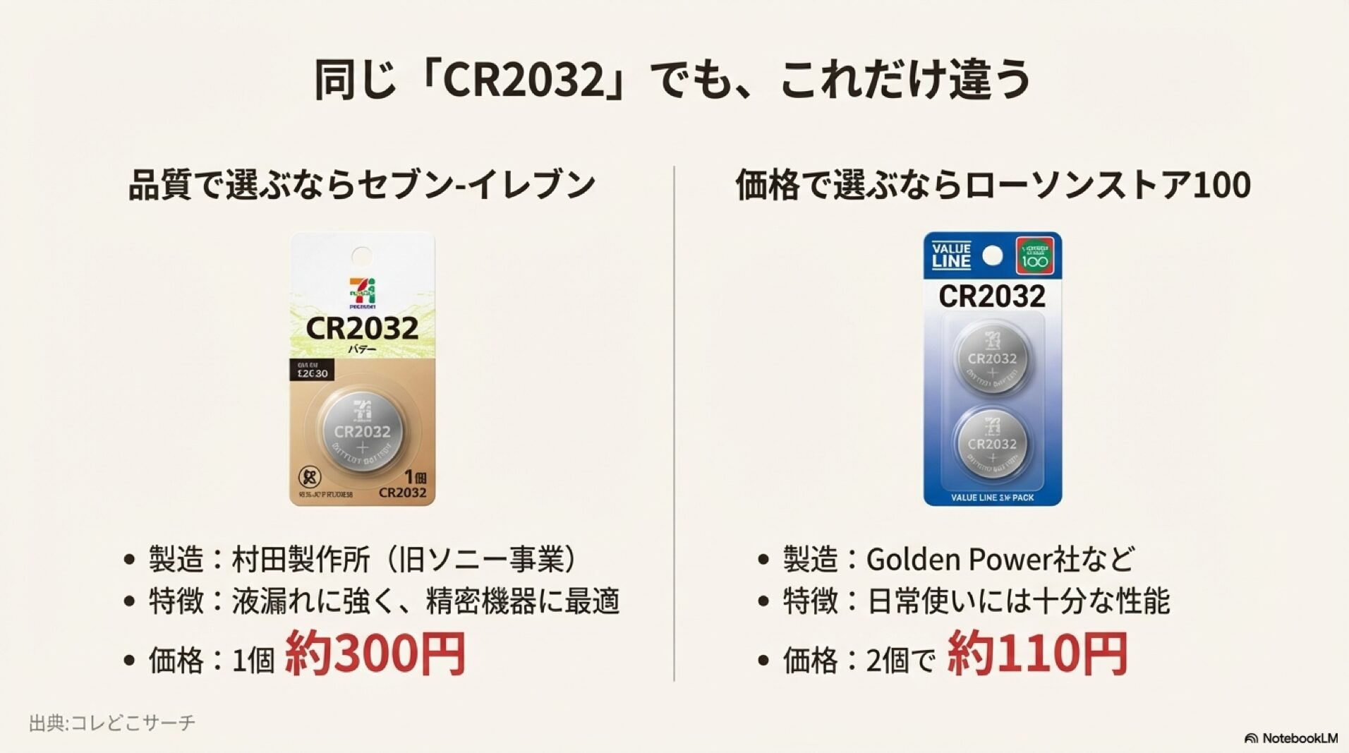 セブン-イレブンの村田製作所製CR2032（約300円）と、ローソンストア100のGolden Power製CR2032（2個約110円）のパッケージ比較。