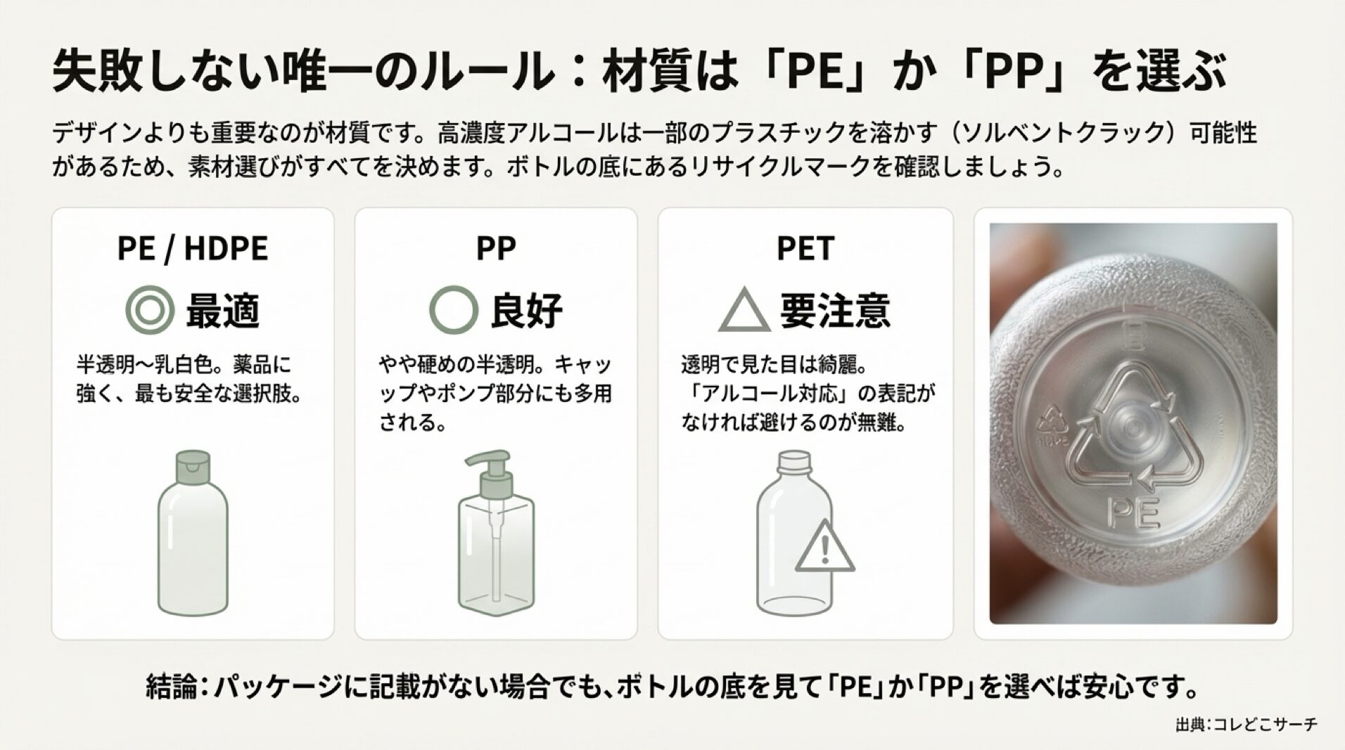 ボトルの底のリサイクルマークを確認し、PE（ポリエチレン）やPP（ポリプロピレン）を選ぶ方法を説明した画像。