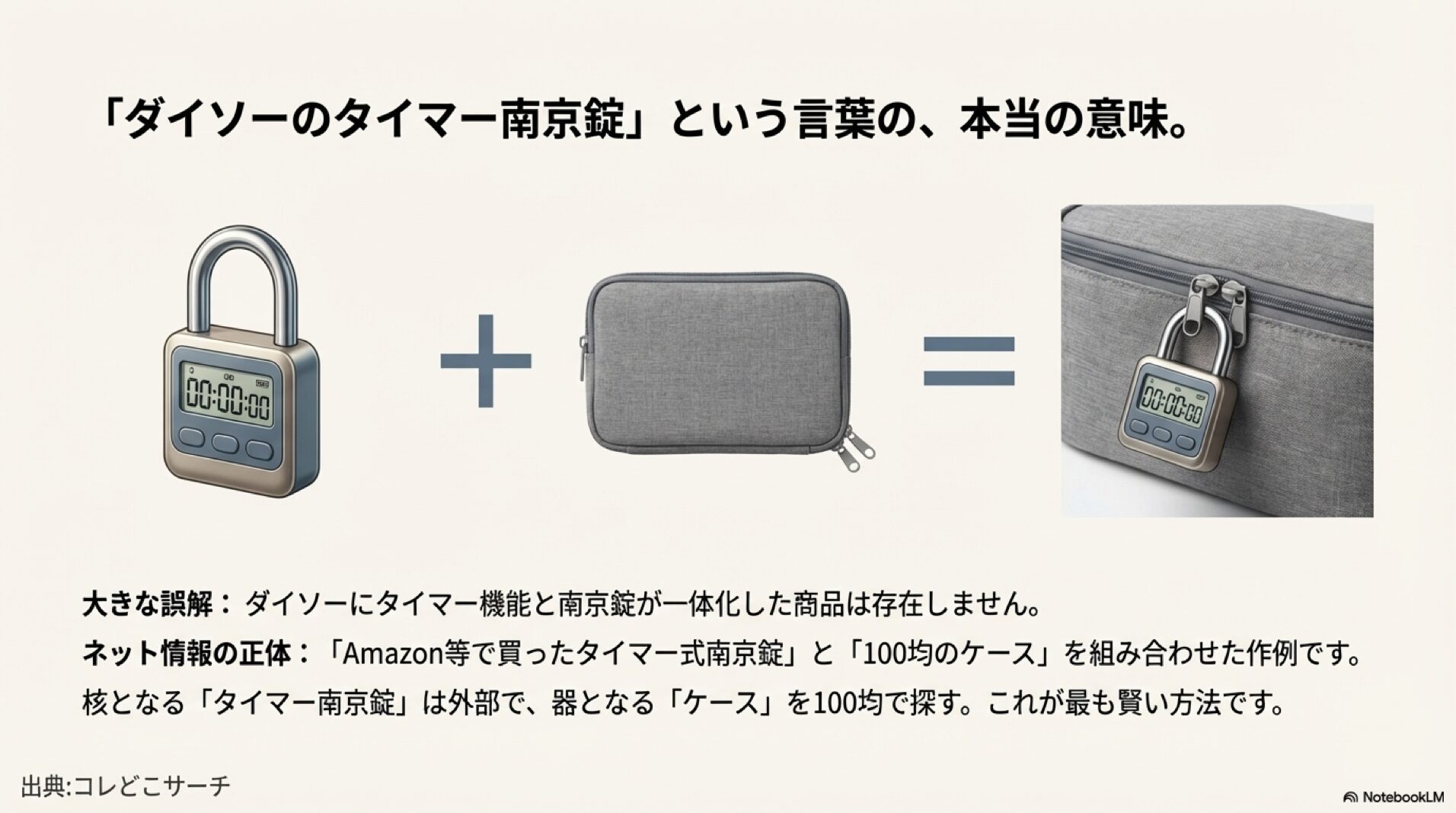 ダイソーのタイマー南京錠という商品は存在しない。「Amazonの鍵」と「100均ケース」の組み合わせが正解。