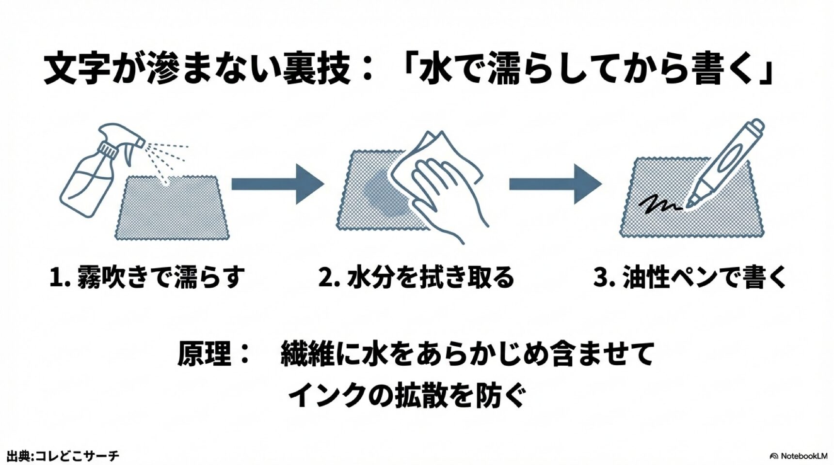 ゼッケンの文字滲み防止には水で濡らしてから書く裏技 油性ペンで名前を書く前に霧吹きで濡らすことで、インクの拡散を防ぎ滲ませない裏技の3ステップ