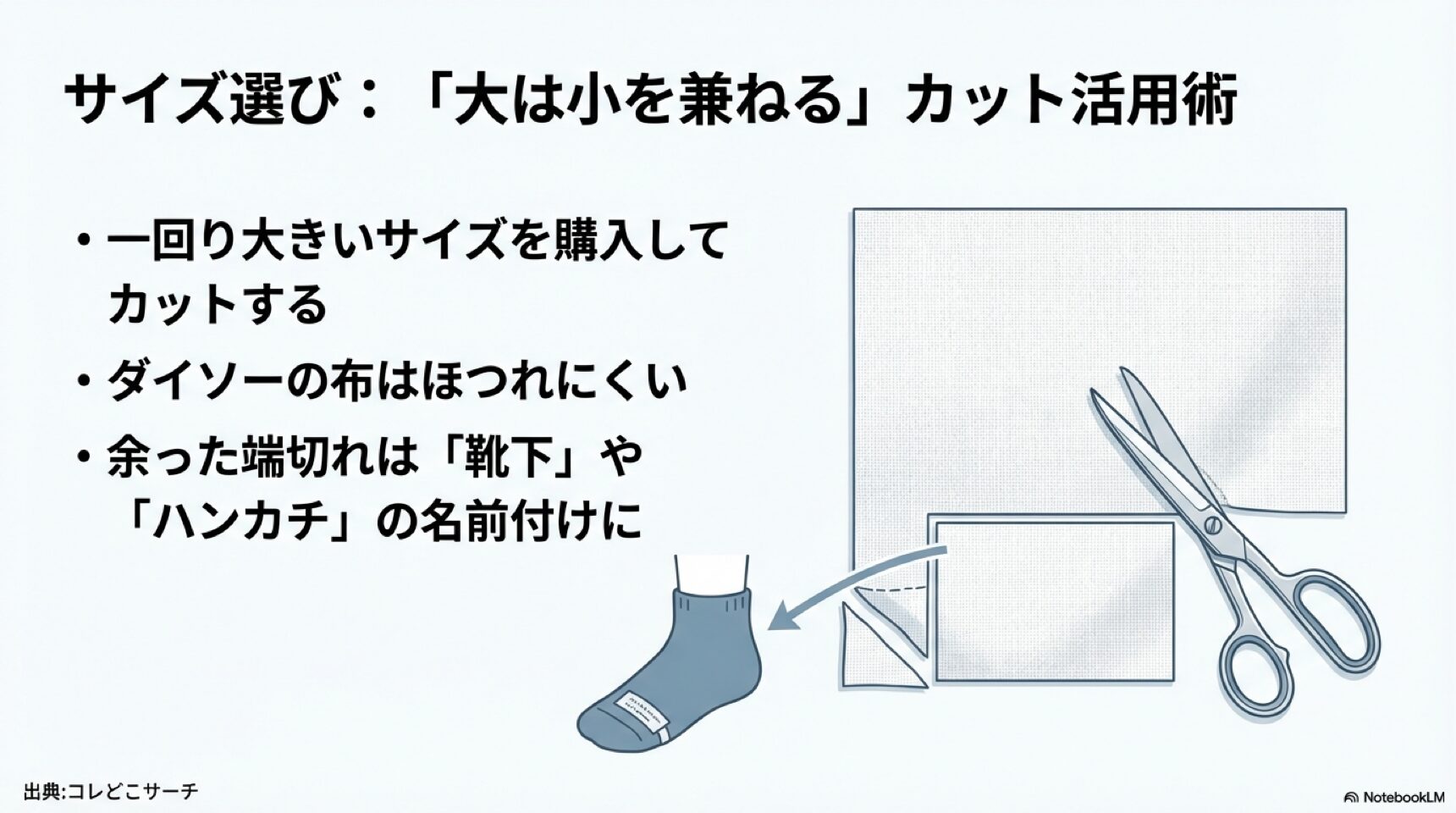 ゼッケンは大きめサイズを買ってカットして使う ダイソーのゼッケンは一回り大きいサイズを購入し、カットして靴下やハンカチの名前付けにも活用する方法