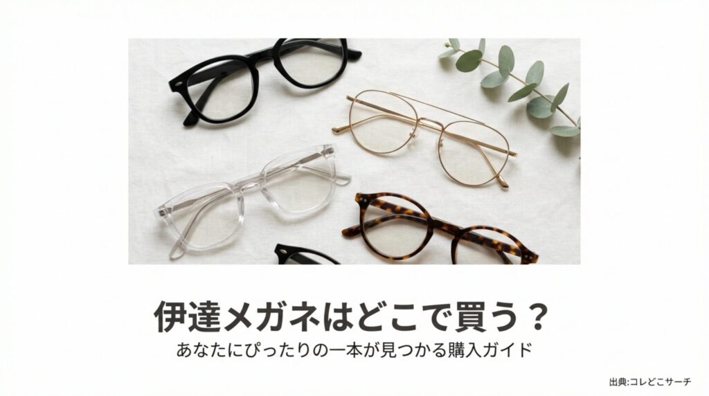 おしゃれな伊達メガネの集合写真と「伊達メガネはどこで買う？あなたにぴったりの一本が見つかる購入ガイド」というタイトル