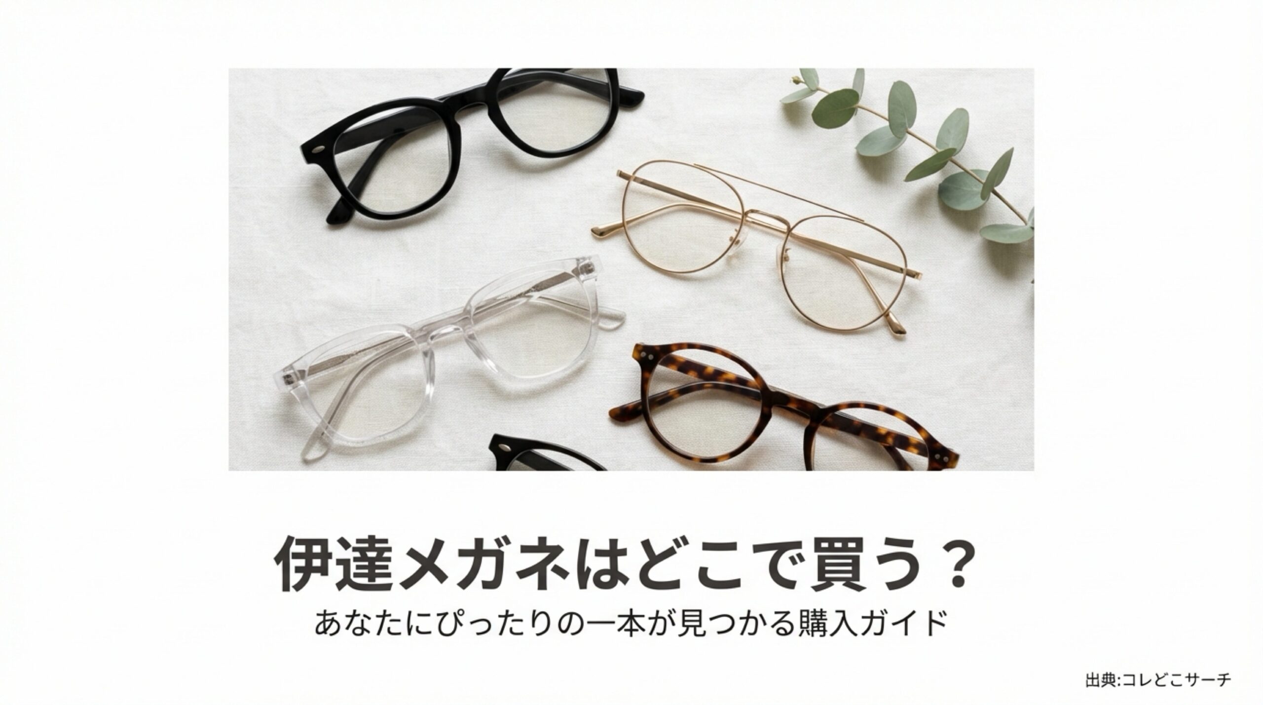 おしゃれな伊達メガネの集合写真と「伊達メガネはどこで買う？あなたにぴったりの一本が見つかる購入ガイド」というタイトル