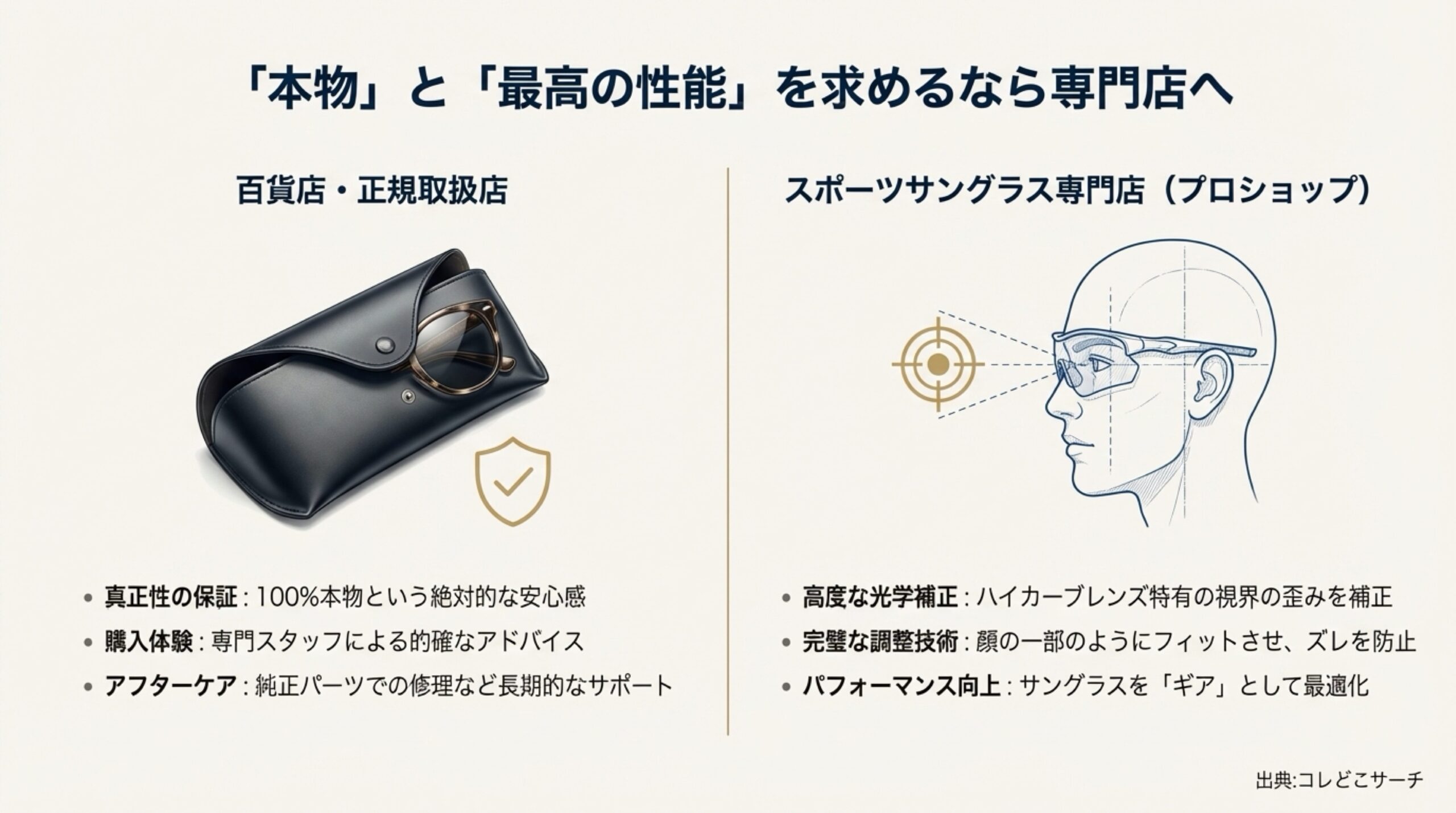 百貨店とスポーツサングラス専門店の特徴 本物保証と最高性能の違い