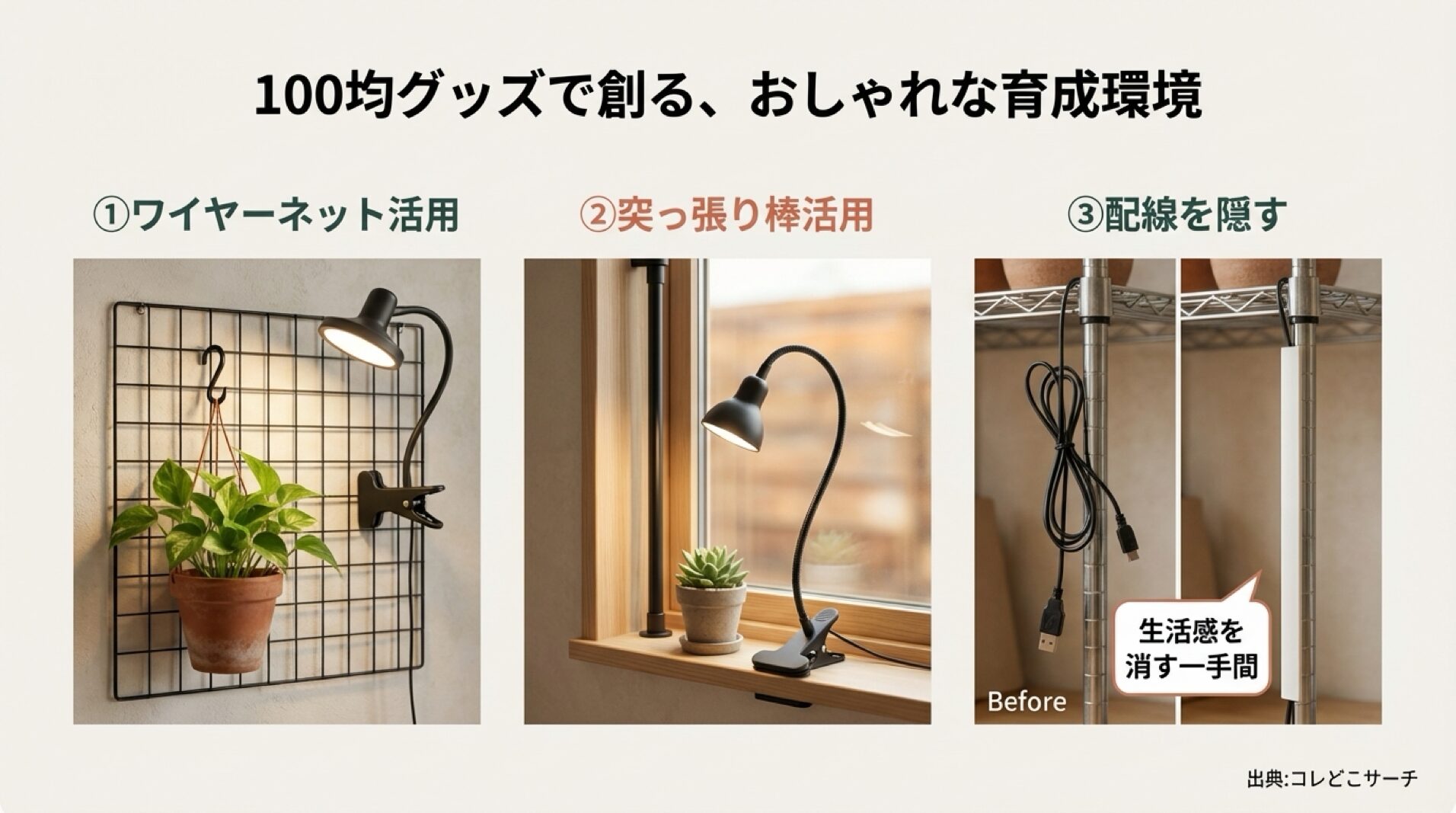 ワイヤーネットや突っ張り棒を活用し、配線を隠して生活感を消すDIYテクニックのBeforeAfter