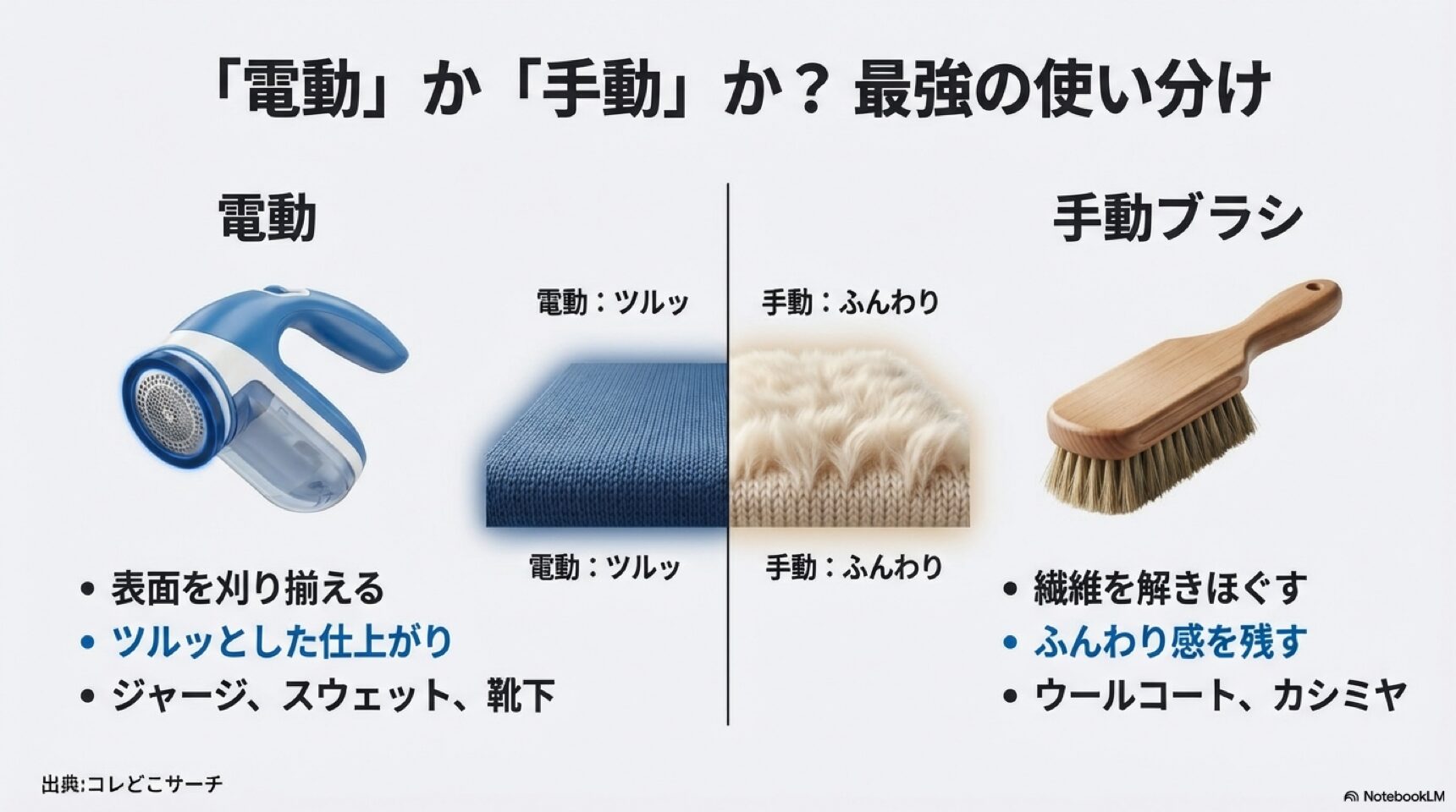 電動と手動の仕上がりの違い。電動は表面を刈り揃えてツルッとした仕上がりに、手動は繊維を解きほぐしふんわり感を残す