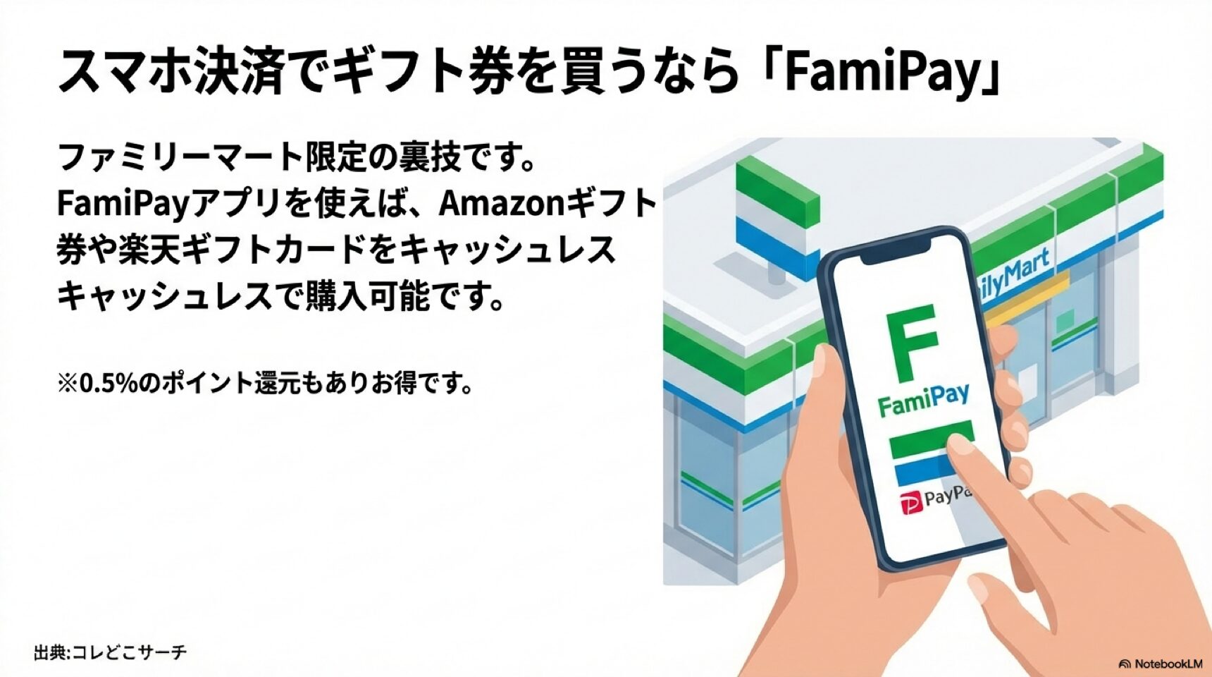 スマホ決済でギフト券を買うならFamiPay ファミリーマート限定で、FamiPayアプリを使えばAmazonギフト券などをキャッシュレス購入できることを紹介するスライド