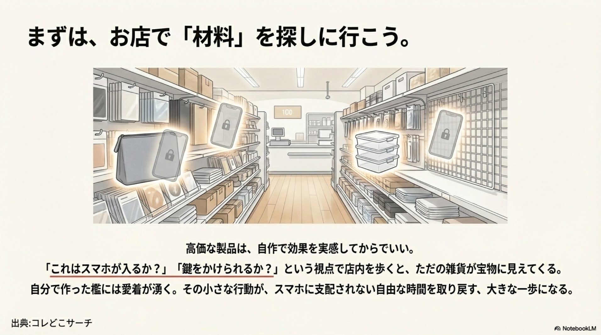 100円ショップの店内を「スマホが入るか」「鍵がかかるか」という視点で歩き、材料を探す楽しみ。
