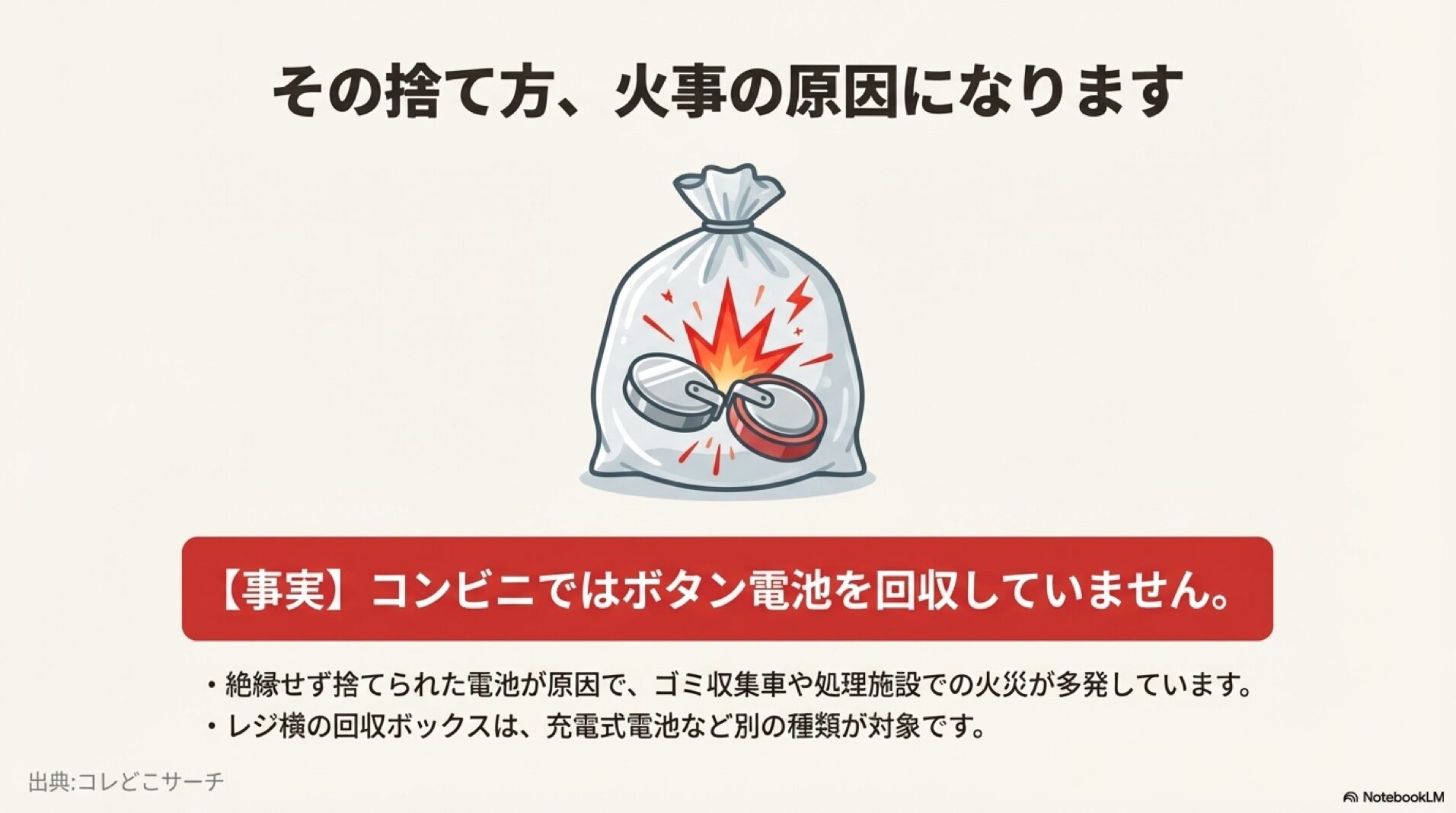 ボタン電池を絶縁せずに捨てると発火する危険性と、コンビニでは回収していない事実を伝える警告イラスト。