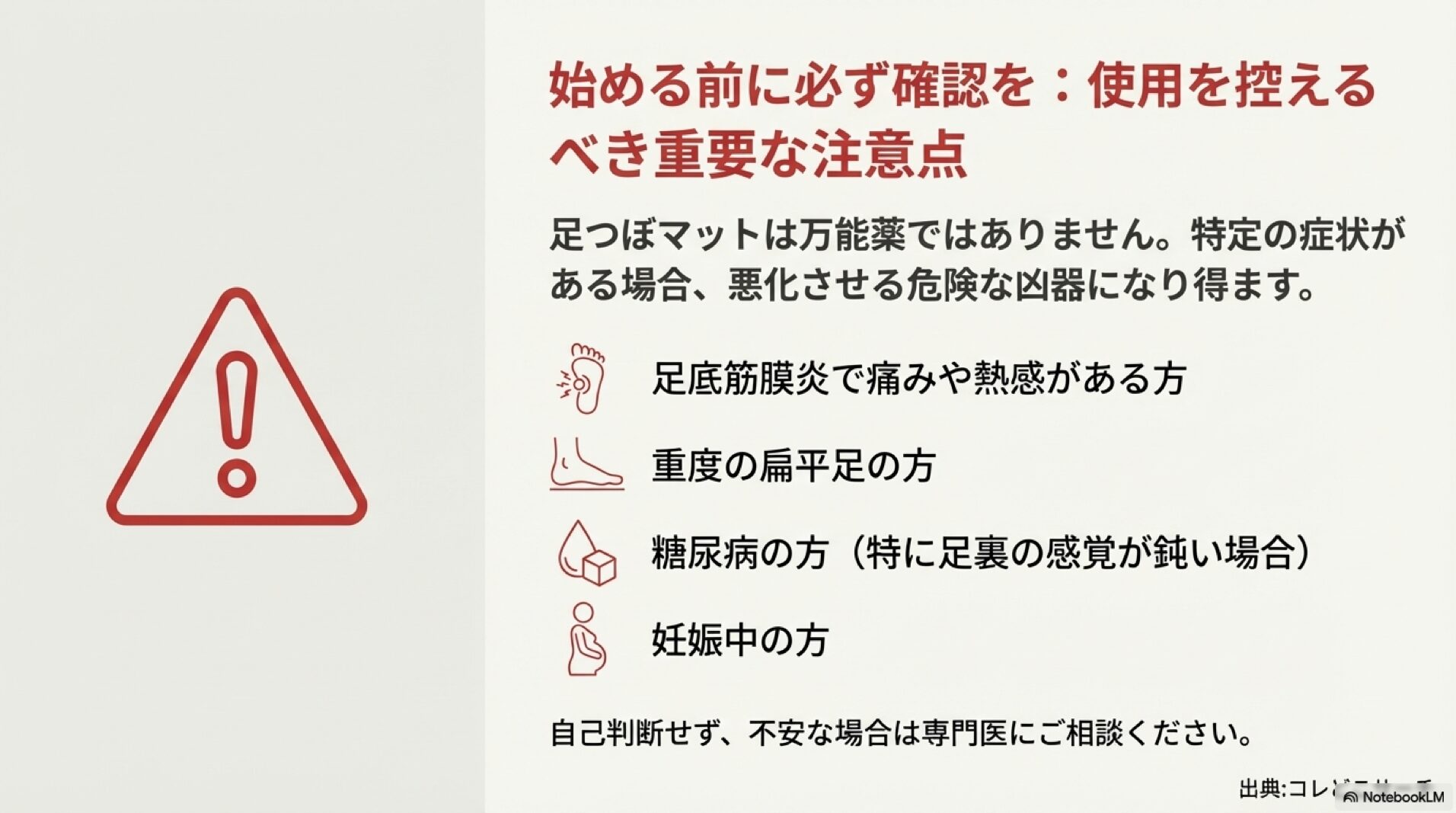 足底筋膜炎や糖尿病の方が足つぼマットを使用する際の警告マークと注意点