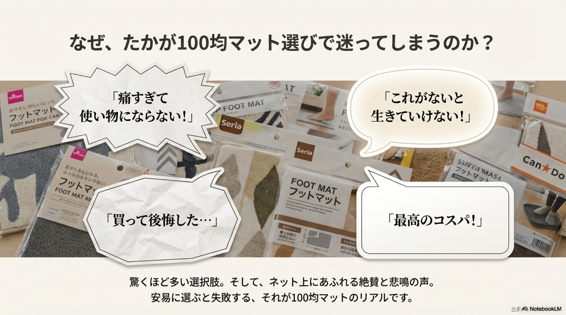100均足つぼマットに対する「痛すぎる」「最高のコスパ」などの口コミと商品の山