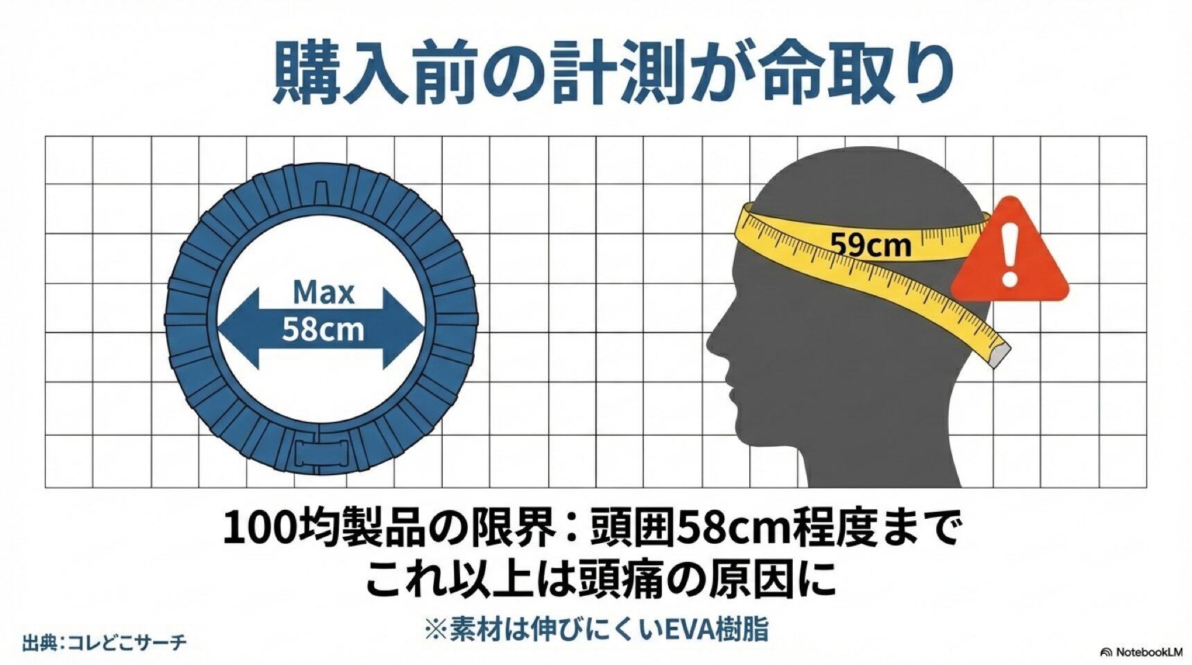 頭囲計測の重要性を示すイラスト。100均製品は最大58cm程度が限界であり、購入前の計測が必要であることを警告している