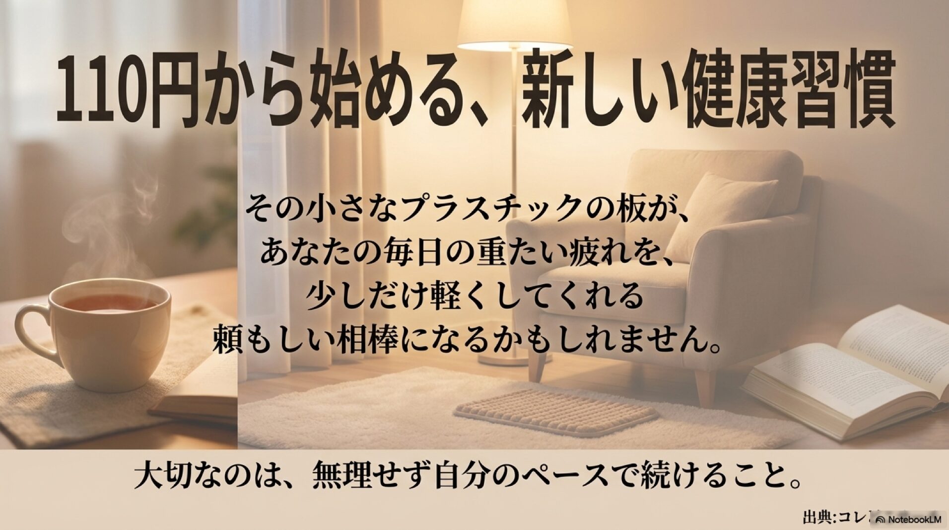 100円から始める新しい健康習慣のメッセージと足つぼマットのイメージ