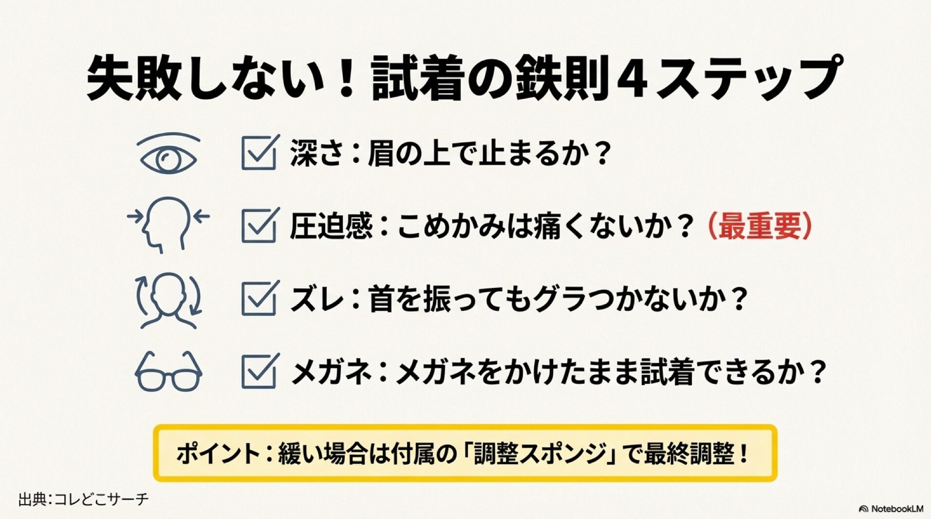 深さ、圧迫感、ズレ、メガネの確認など試着時の4つのチェックポイント