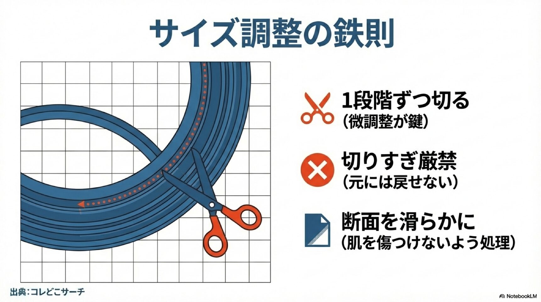 シャンプーハットのサイズ調整方法の図解。ハサミで内側のラインを1段階ずつ切り、断面を滑らかに処理する様子