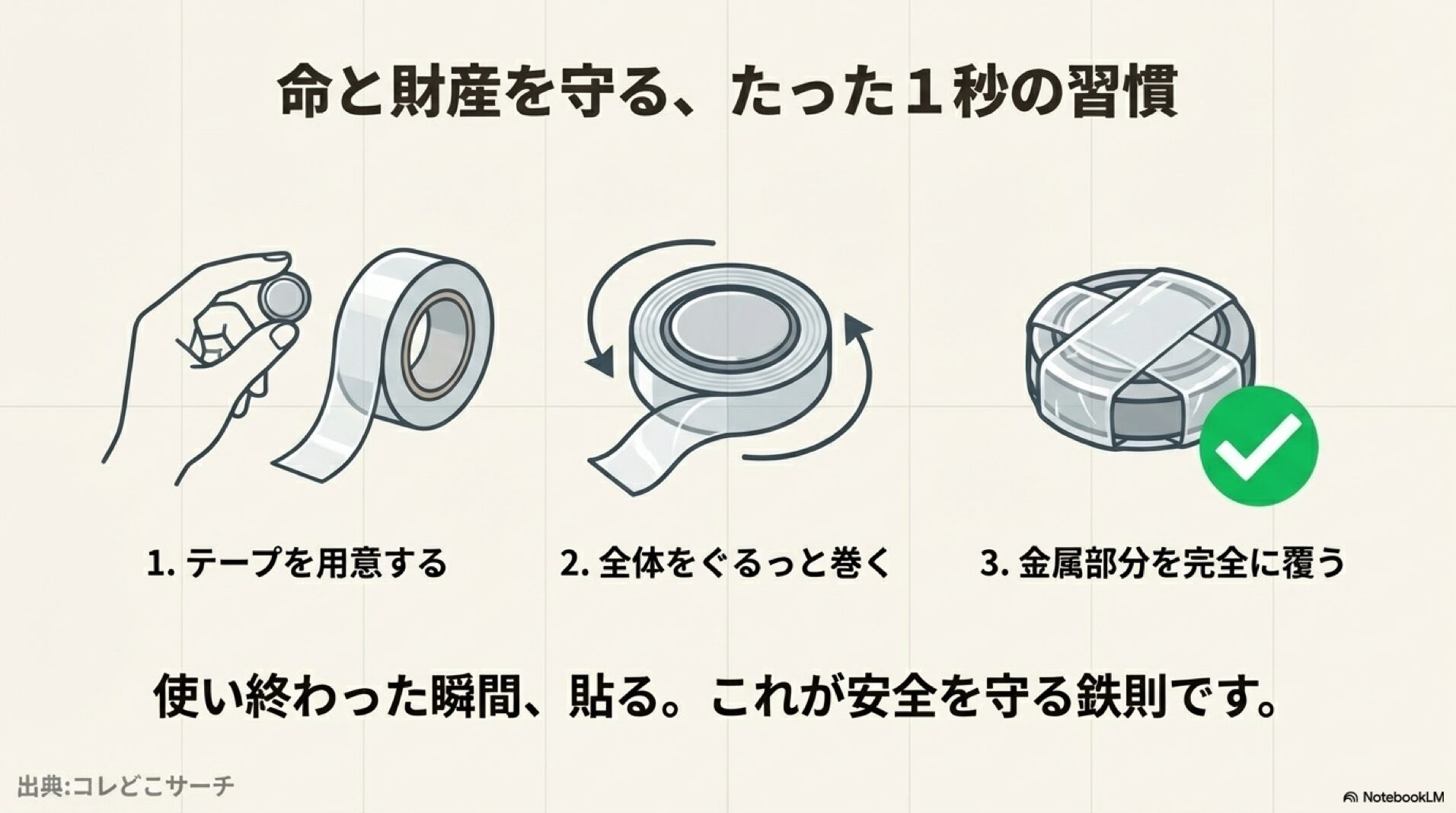 ボタン電池の正しい絶縁方法。セロハンテープで電池全体を覆うように巻く手順のイラスト解説。