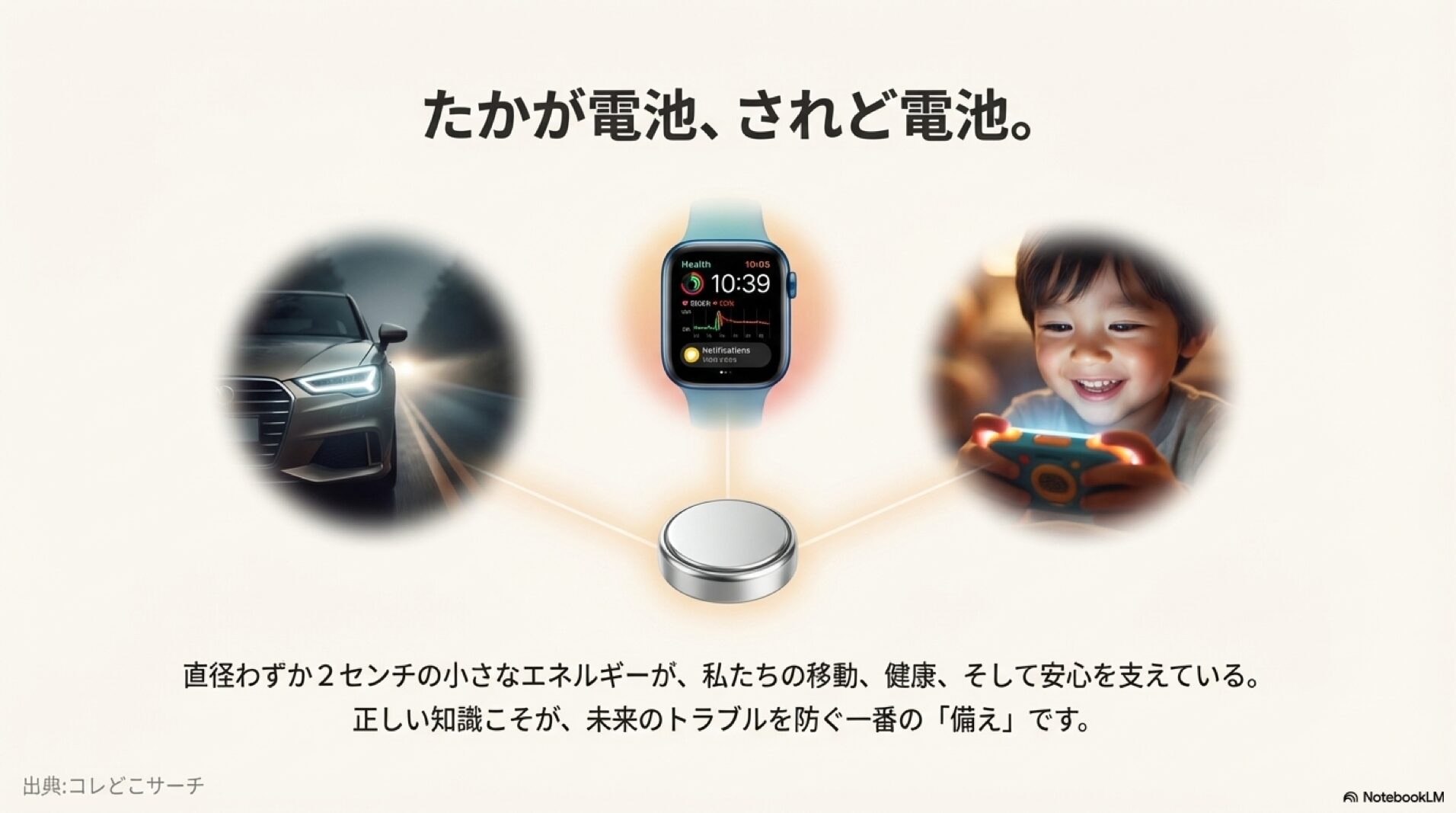 直径2センチの小さな電池が健康と安心を支えていること、正しい知識が未来のトラブルを防ぐことを伝えるメッセージ画像。