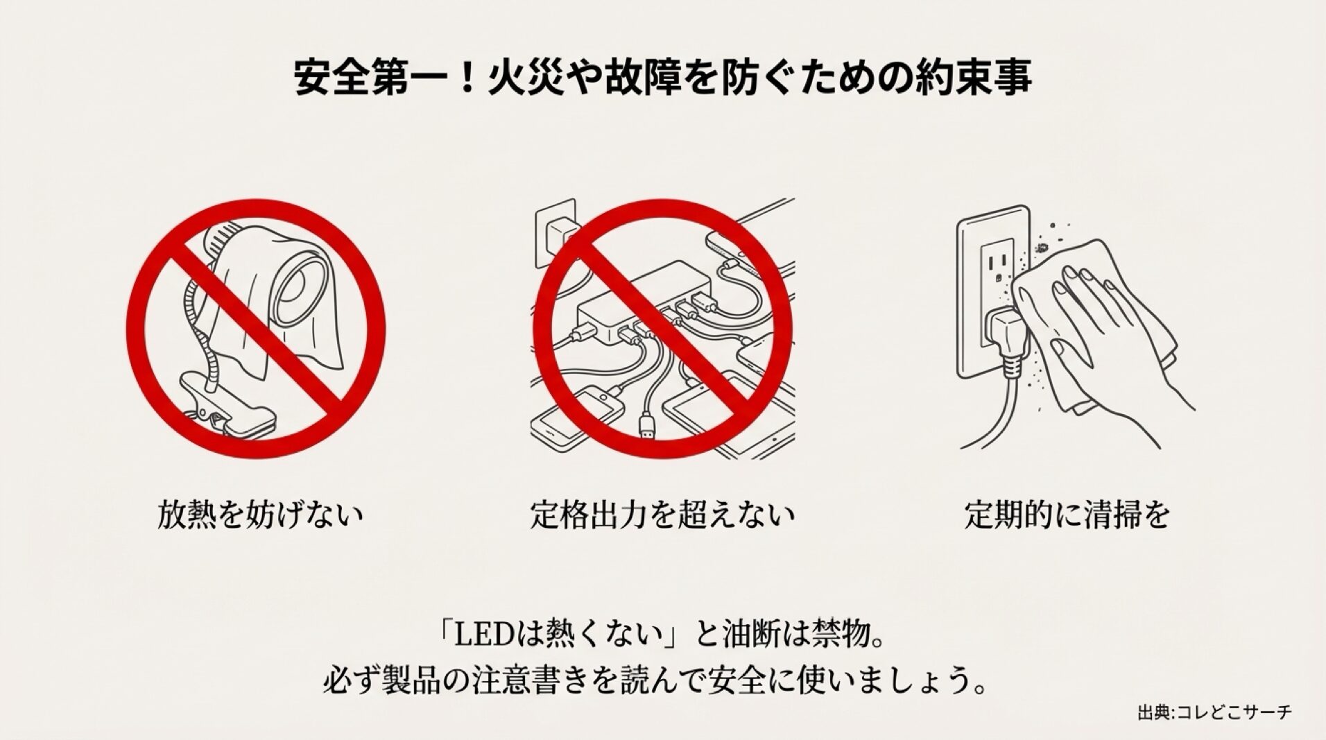 ライトに布をかけない、タコ足配線をしないなどの安全対策を示した警告図