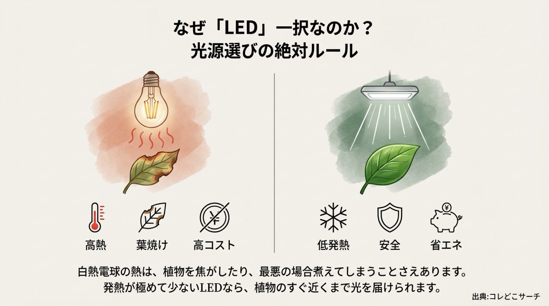 植物育成にLEDライトが選ばれる理由は低発熱・安全・省エネであることを示す図