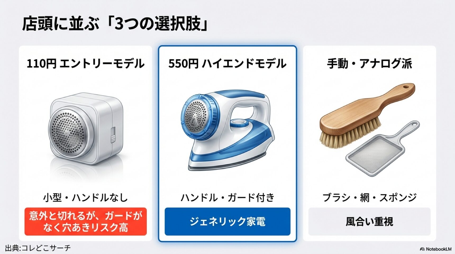 100均店頭に並ぶ3つの選択肢：110円エントリーモデル、550円ハイエンドモデル、手動アナログブラシの特徴比較