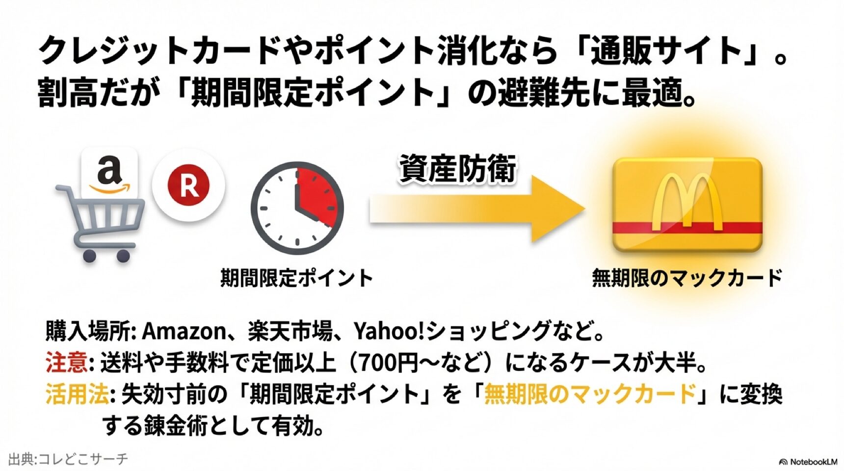 通販サイトでのポイント活用術 Amazonや楽天のロゴとともに、期間限定ポイントを無期限のマックカードに換える「資産防衛」のメリットを説明したスライド