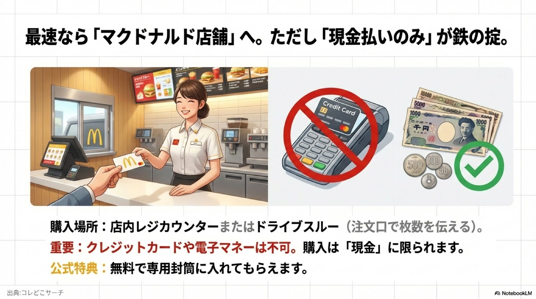 店舗購入は現金払いのみ マクドナルドの店員からカードを受け取るイラストと、クレジットカード端末に禁止マークがついた、現金払い必須を説明するスライド