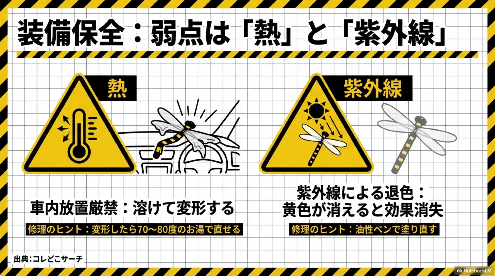 オニヤンマ型の弱点である熱変形と紫外線劣化への対策 車内放置による熱変形をお湯で直す方法と、紫外線による退色を油性ペンで修理する方法