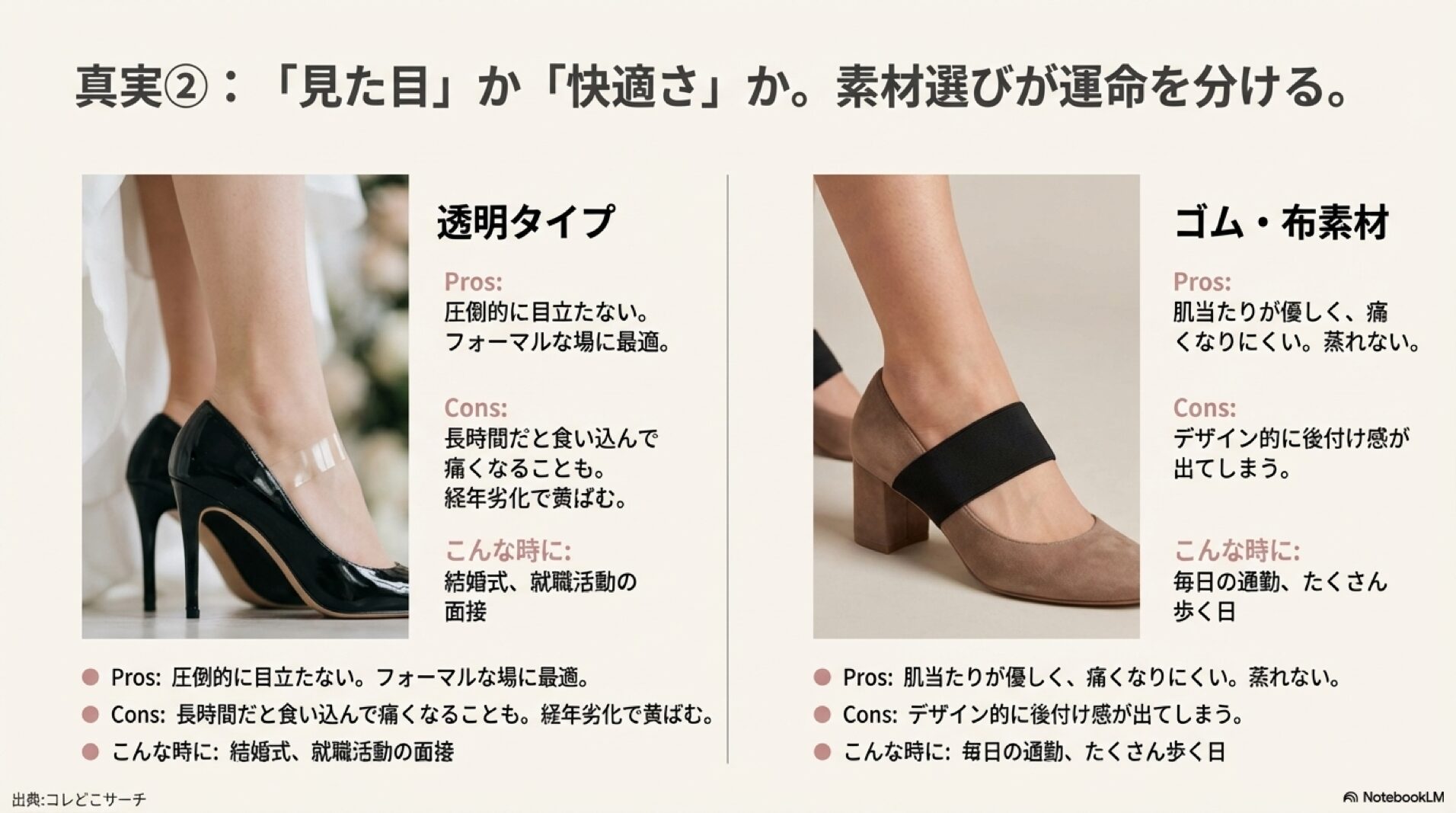 透明タイプとゴム・布素材それぞれのメリット・デメリット（Pros/Cons）と、おすすめの使用シーンを比較したスライド。