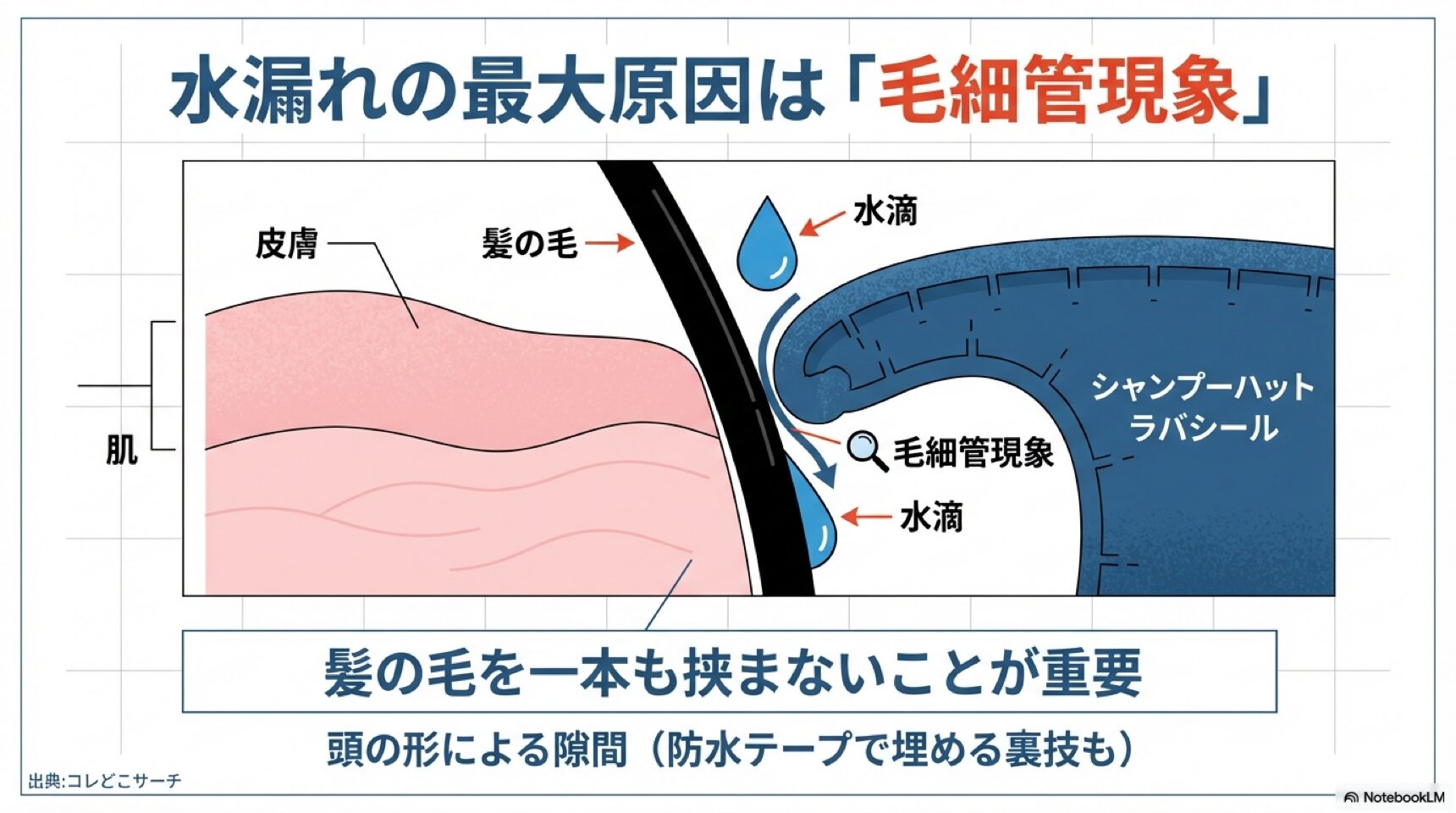 シャンプーハットの水漏れ原因の拡大図。皮膚とハットの間に挟まった髪の毛を伝って水滴が侵入する毛細管現象のメカニズム