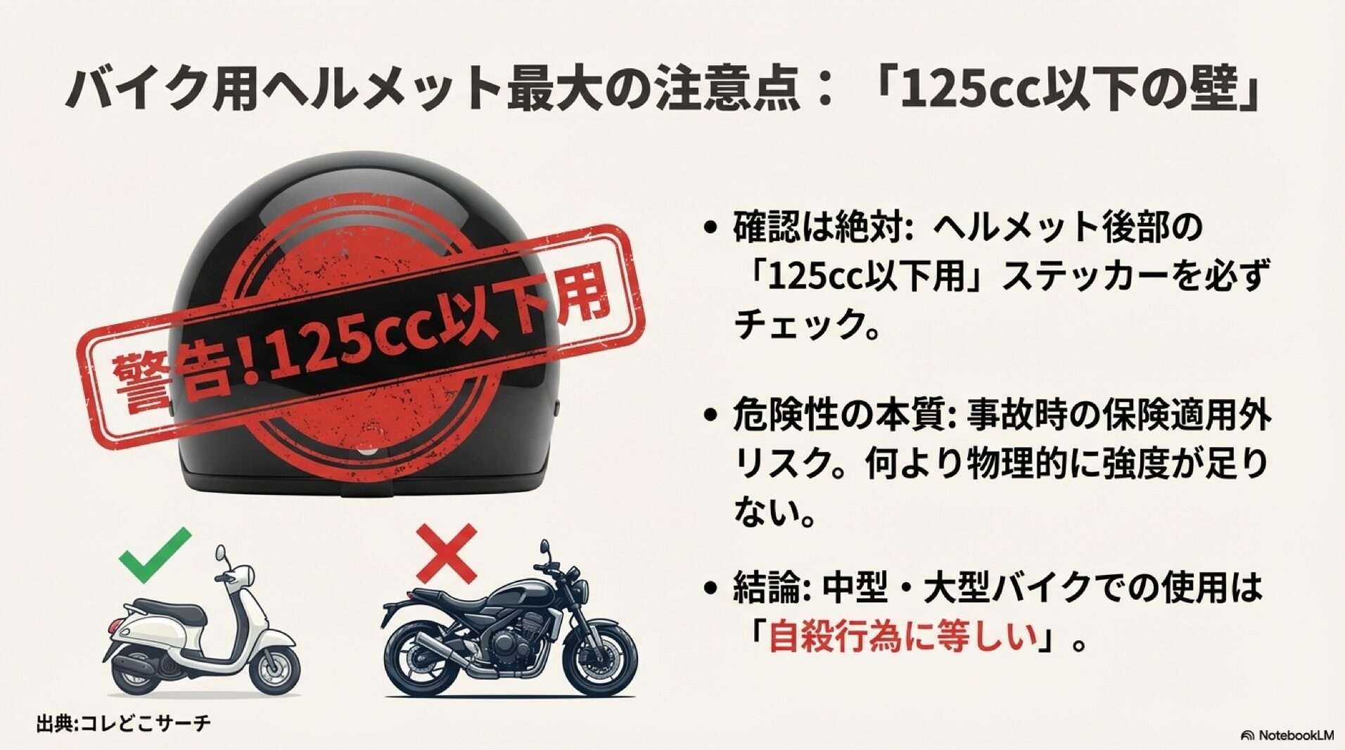 125cc以下用ヘルメットを大型バイクで使用する危険性についての警告