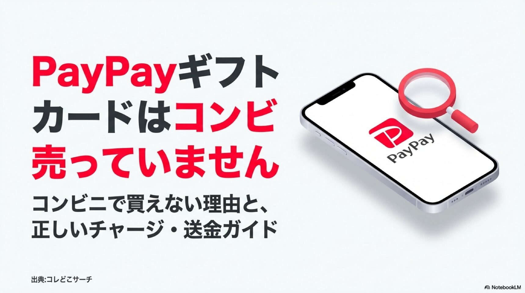 PayPayギフトカードはコンビニに売っていません 「PayPayギフトカードはコンビニに売っていません」というタイトルと、コンビニで買えない理由を解説する記事の表紙スライド