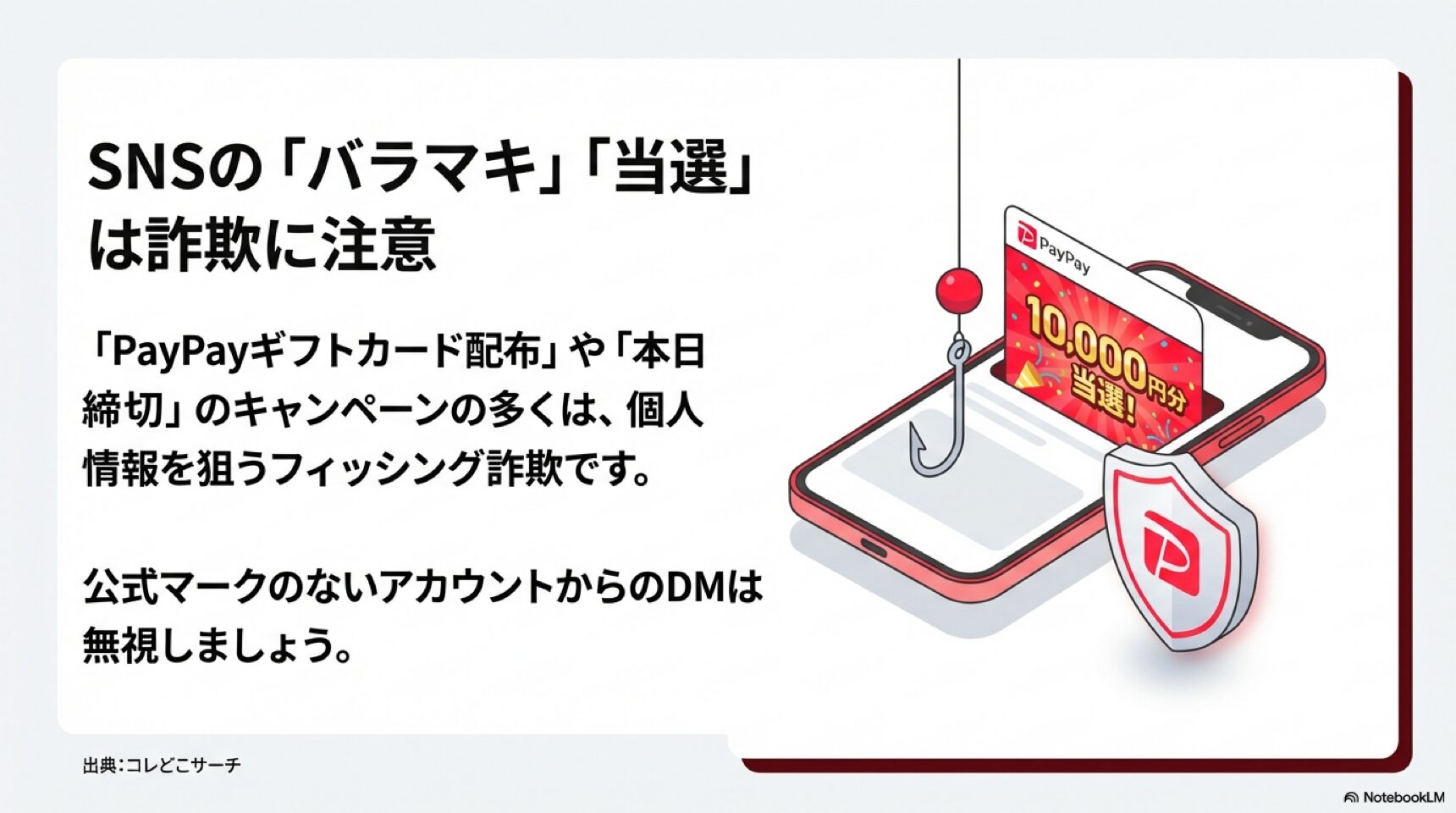 SNSのバラマキ・当選詐欺に注意 「10,000円分当選」という偽の画面と釣り針を描き、個人情報を狙うフィッシング詐欺への注意を促すイラスト