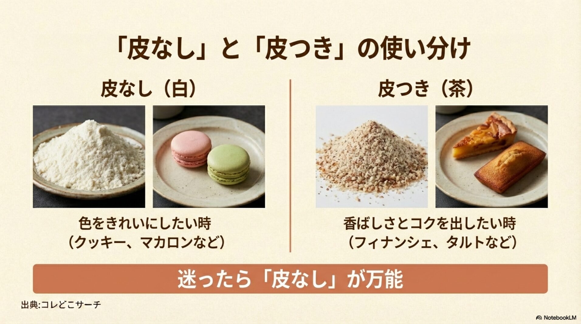 お菓子の種類に合わせたアーモンドプードルの皮なしと皮付きの使い分け一覧 お菓子の種類に合わせたアーモンドプードルの皮なしと皮付きの使い分け一覧