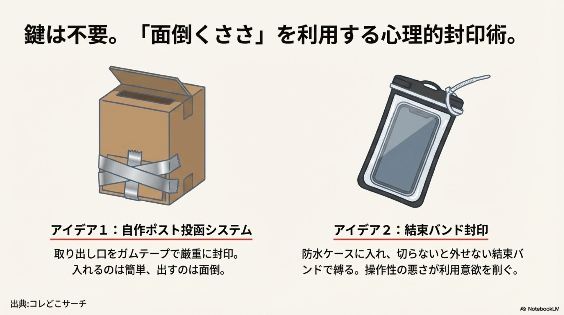 ガムテープで封印した自作ポストや、結束バンドで縛った防水ケースを使った、心理的なスマホ封印術。