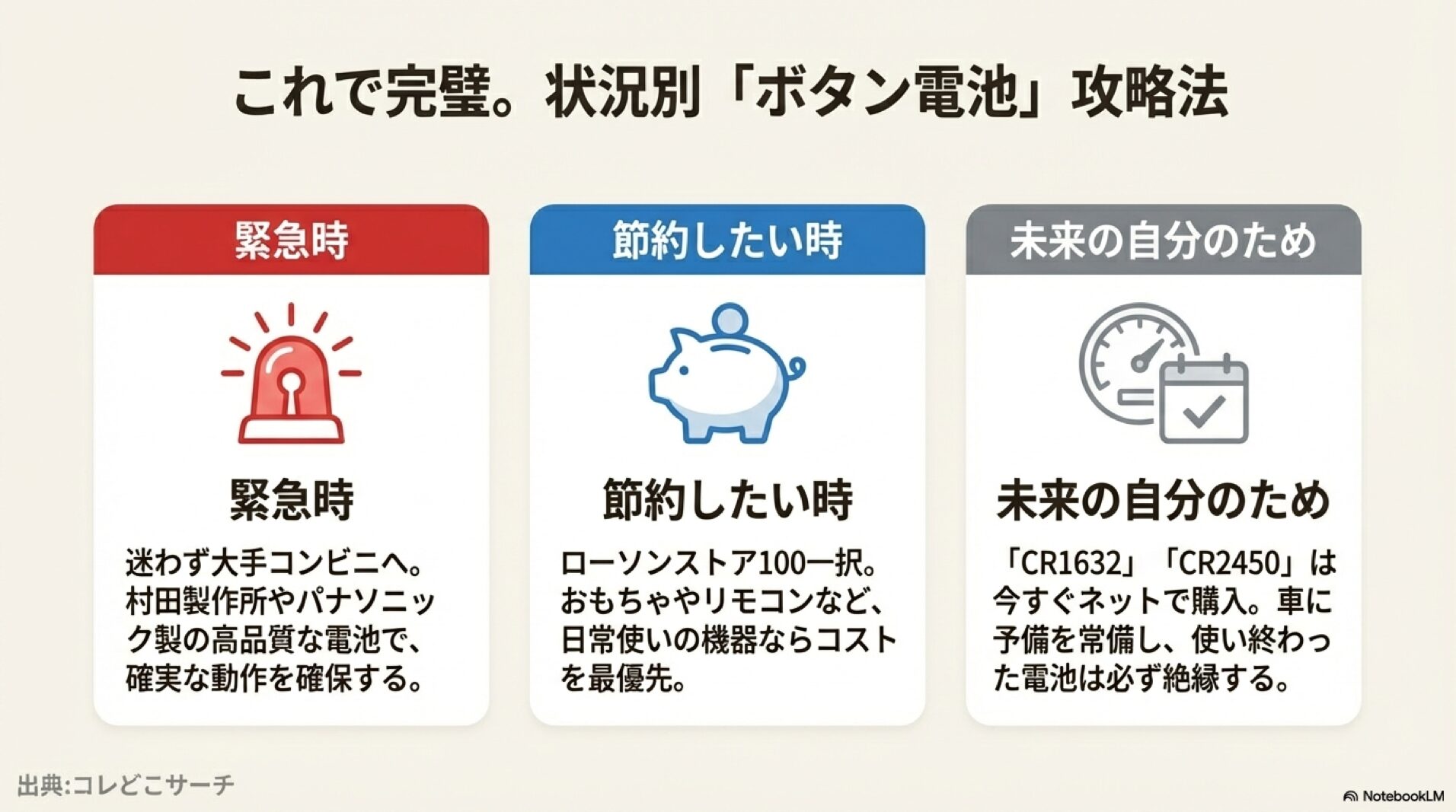 緊急時は大手コンビニ、節約時はローソン100、未来の備えはネット通販という、状況別のボタン電池購入戦略チャート。