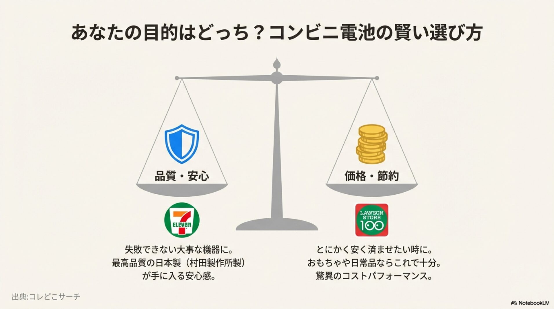 品質と安心を重視するセブン-イレブンと、価格と節約を重視するローソンストア100の比較天秤イラスト。