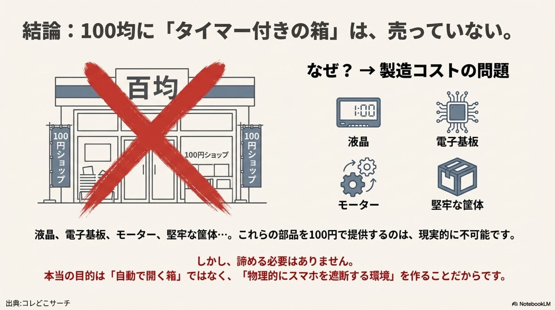 100均でタイムロッキングコンテナが売っていない理由は、液晶や電子基板などの製造コストの問題。