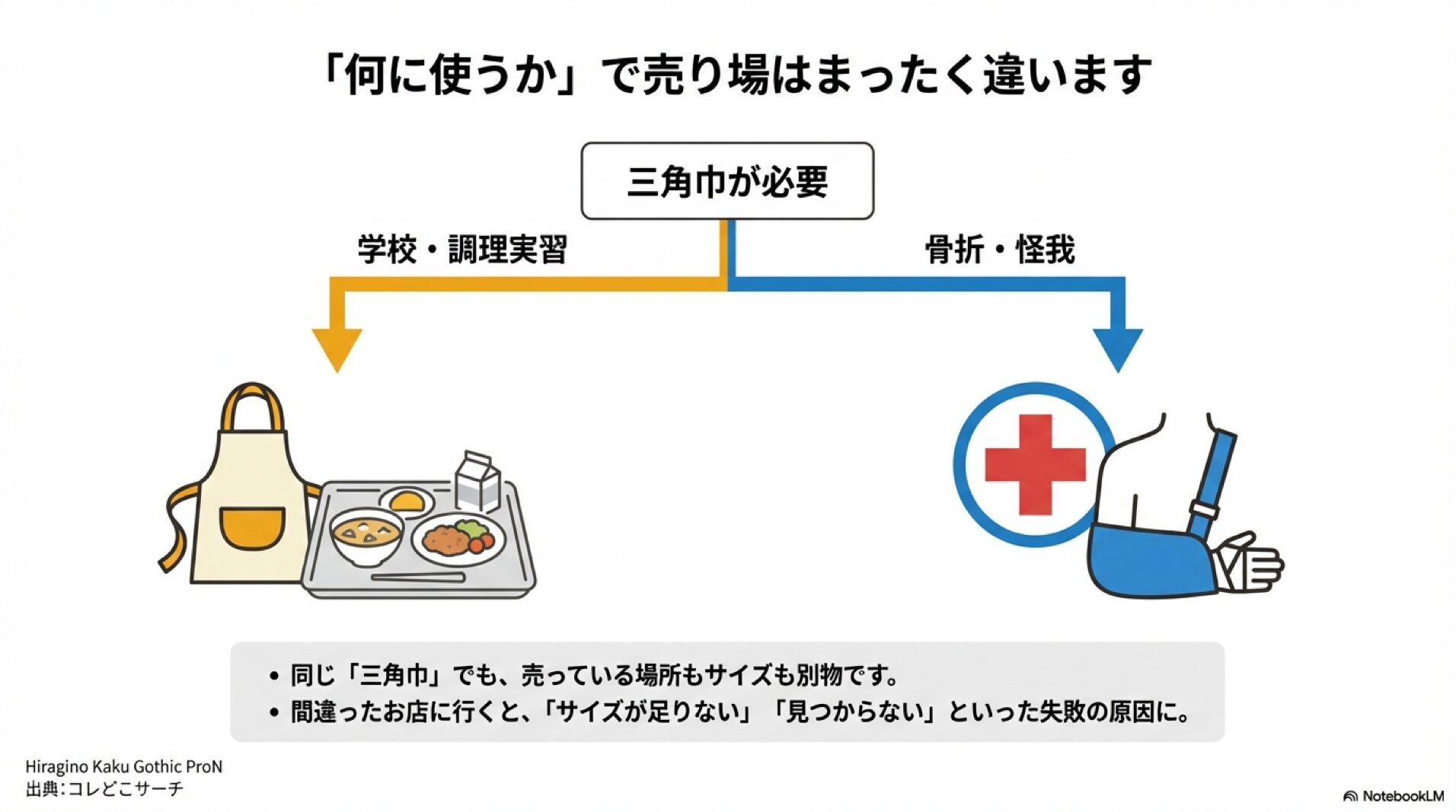 分岐チャート(学校用 vs 医療用) 三角巾の用途別売り場の違い。学校・調理実習用と骨折・怪我用で探すべき場所が異なることを示す図